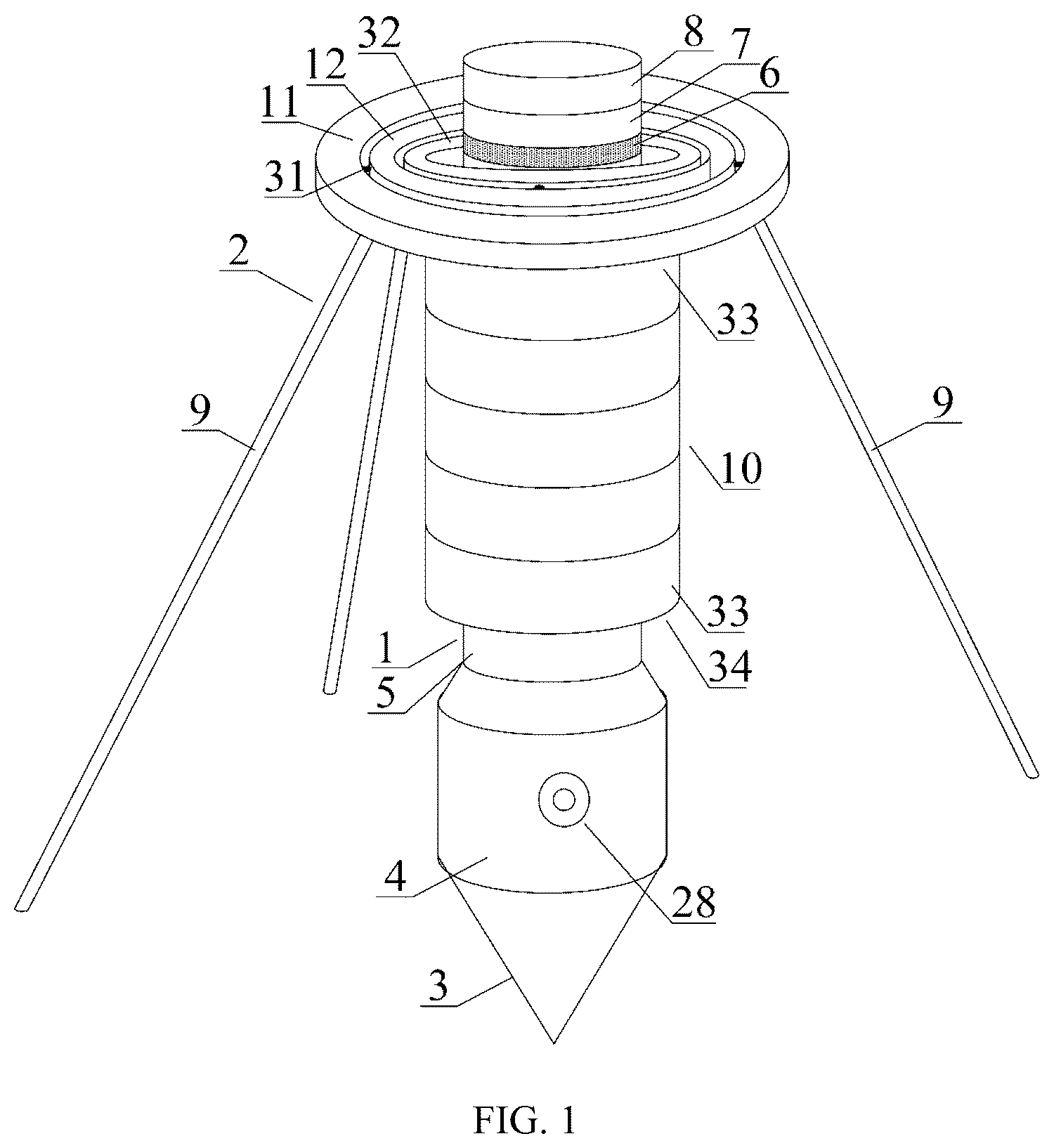 Patent US12422389 Figure 1 – Star infiltration device, and method of measuring gravitational acceleration and soil-bearing capacity of a star