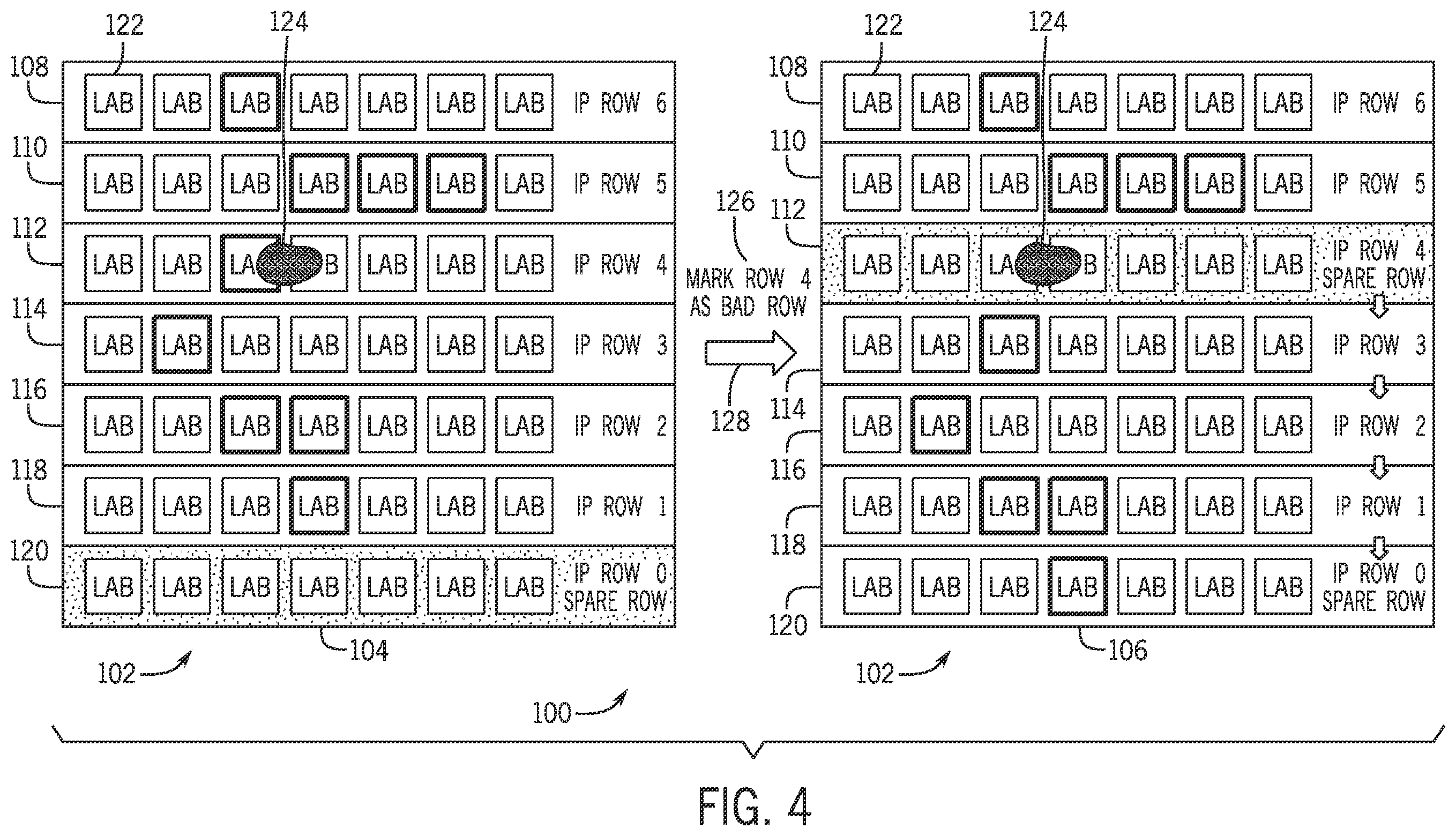 Patent US12422477 Figure 4 – Segmented row repair for programmable logic devices