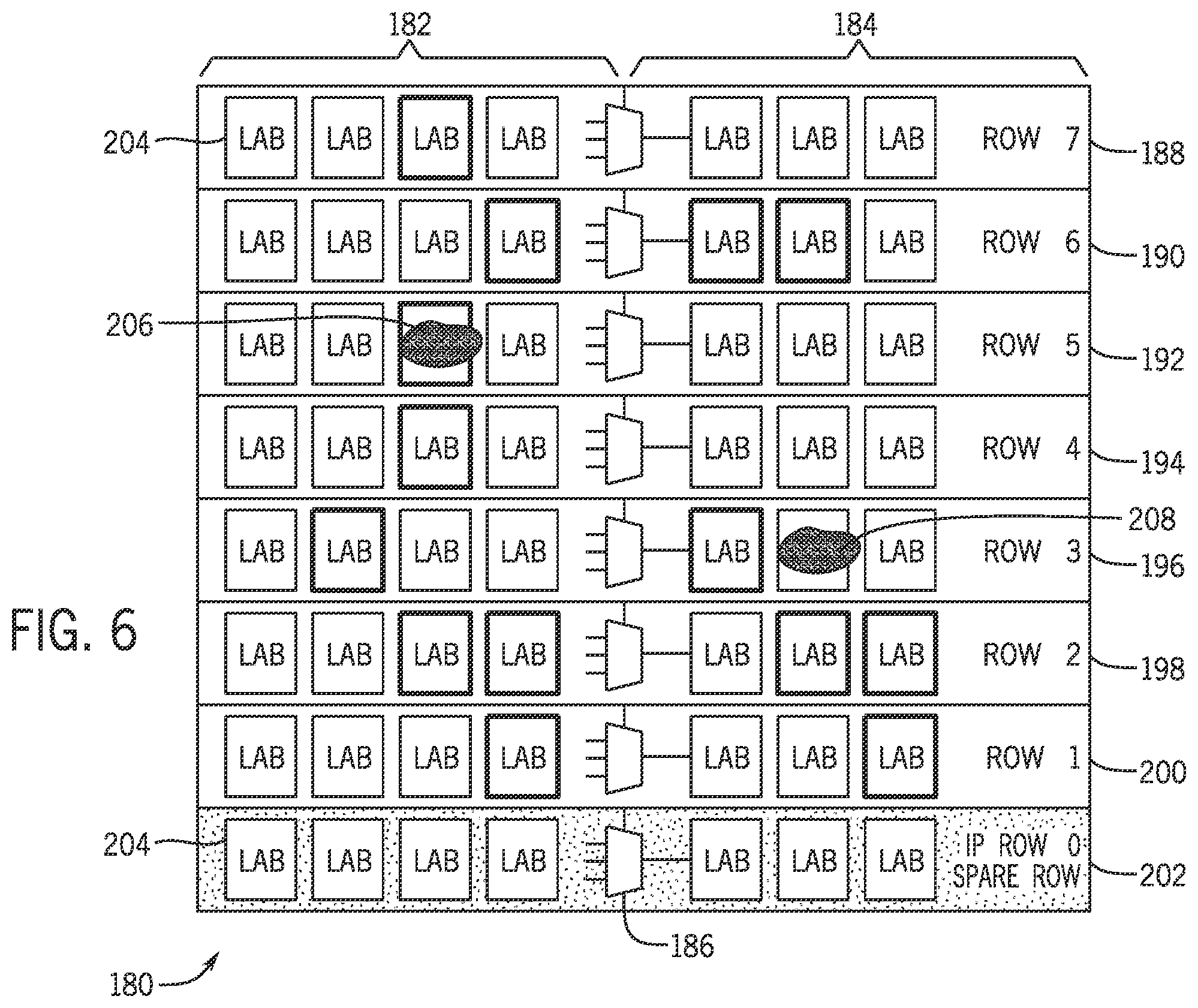 Patent US12422477 Figure 6 – Segmented row repair for programmable logic devices