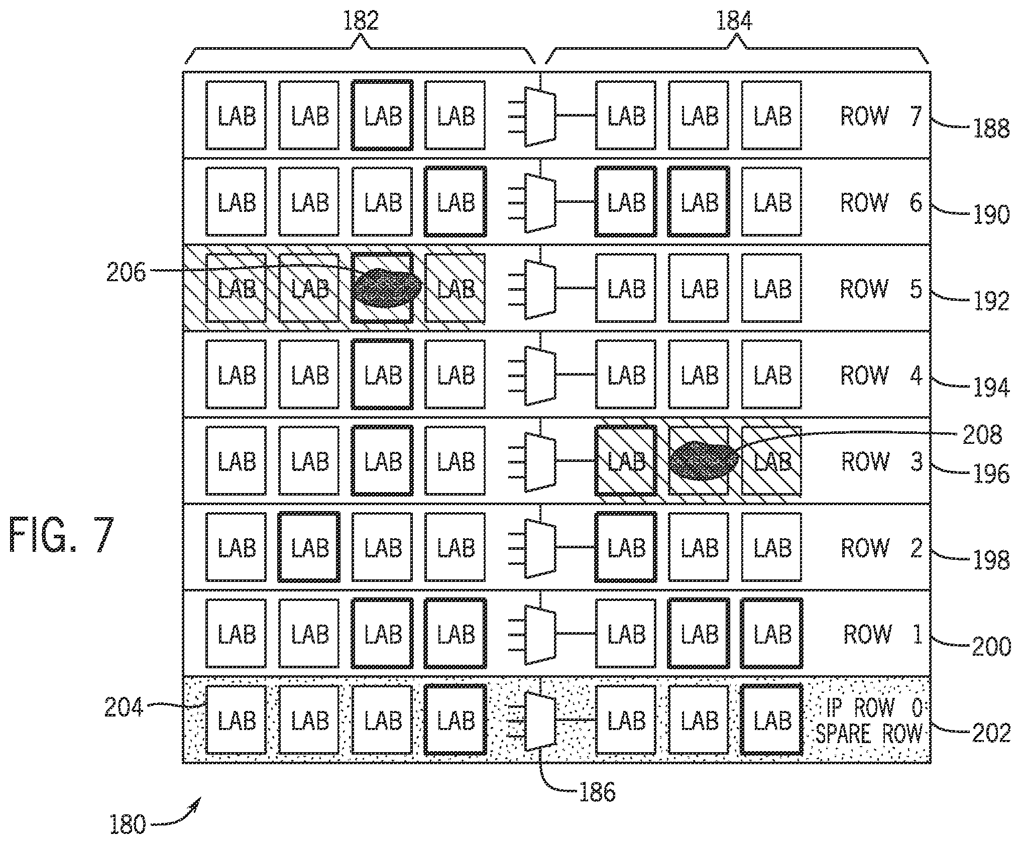 Patent US12422477 Figure 7 – Segmented row repair for programmable logic devices