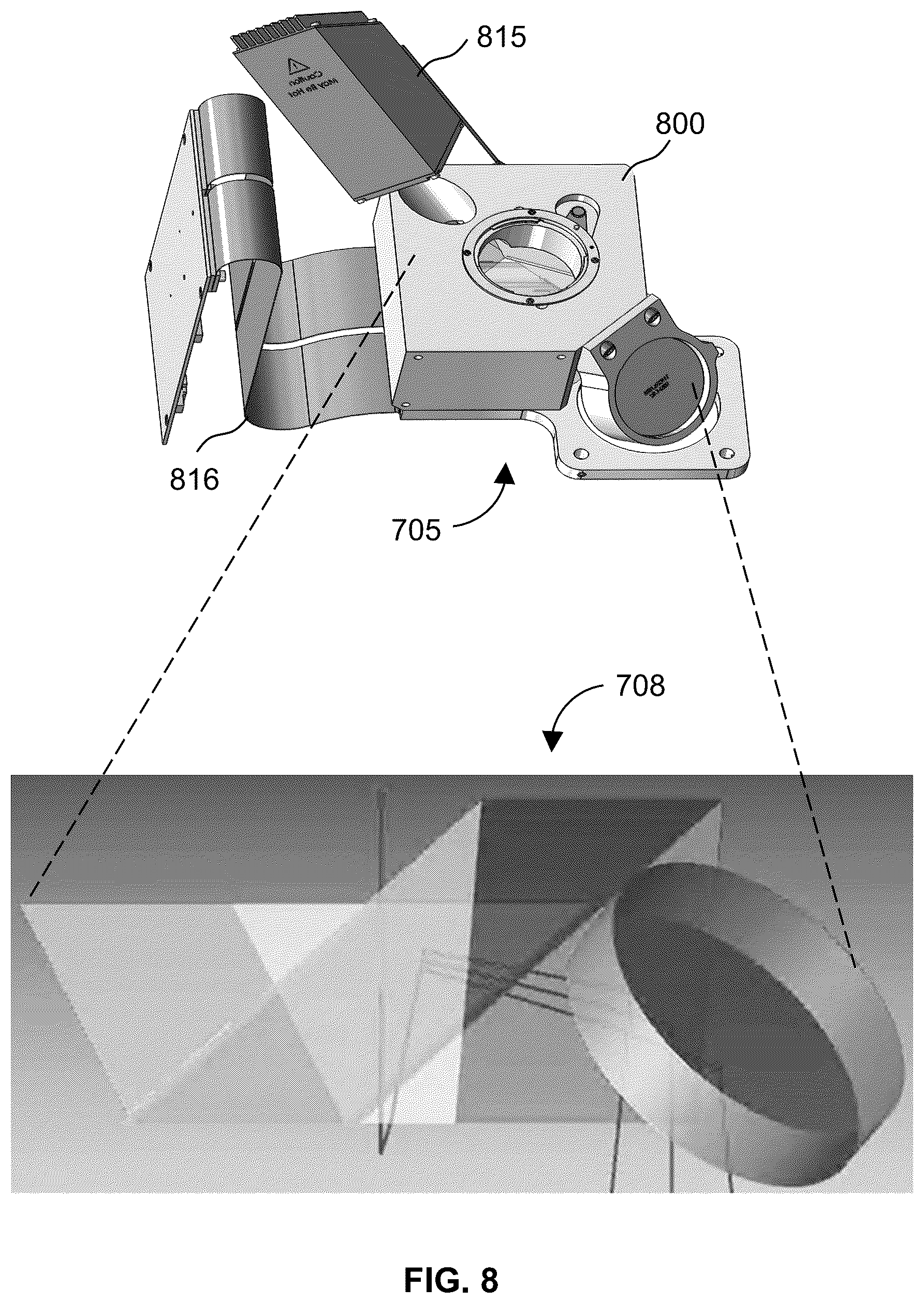 Patent US12422660 Figure 8 – Microscope for imaging samples within wells of multi-well plates hold by stage and beam homogenizer for homogenizing beam