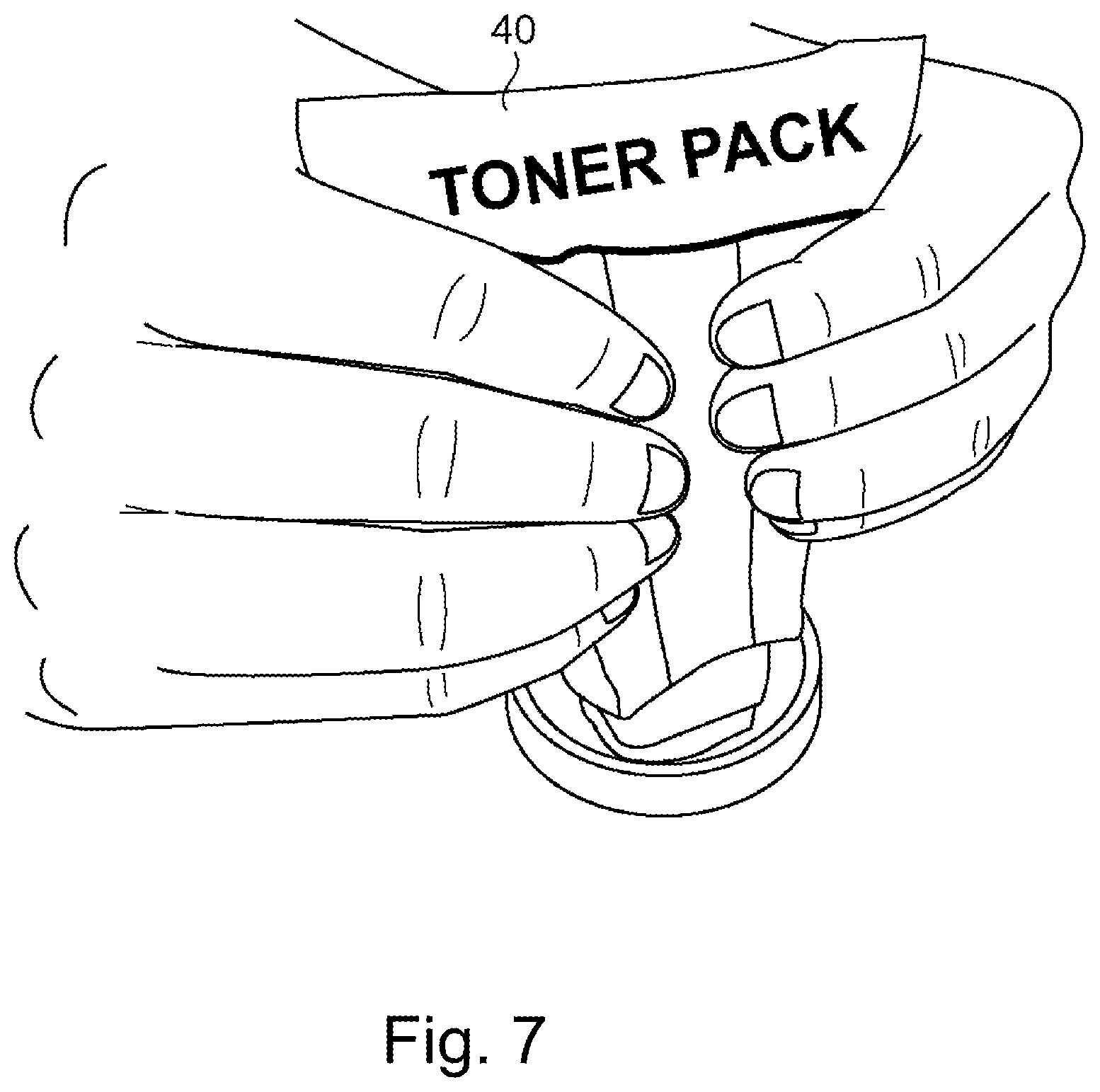 Patent US12422765 Figure 7 – Toner container including a pouch and portions supporting the pouch