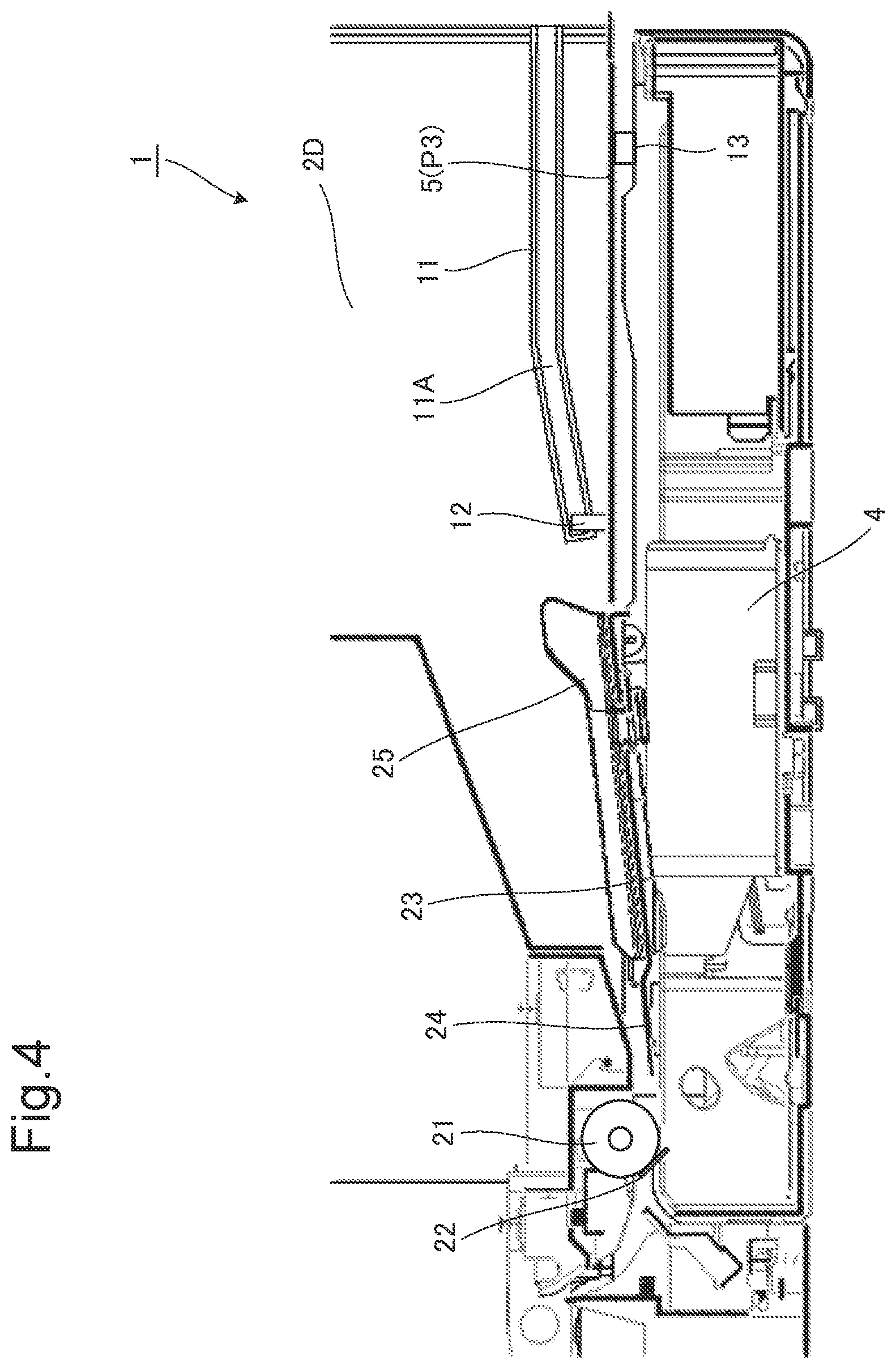 Patent US12422773 Figure 4 – Image forming apparatus equipped with guide portion capable of guiding inclined manual feed tray from opening to interior of apparatus body