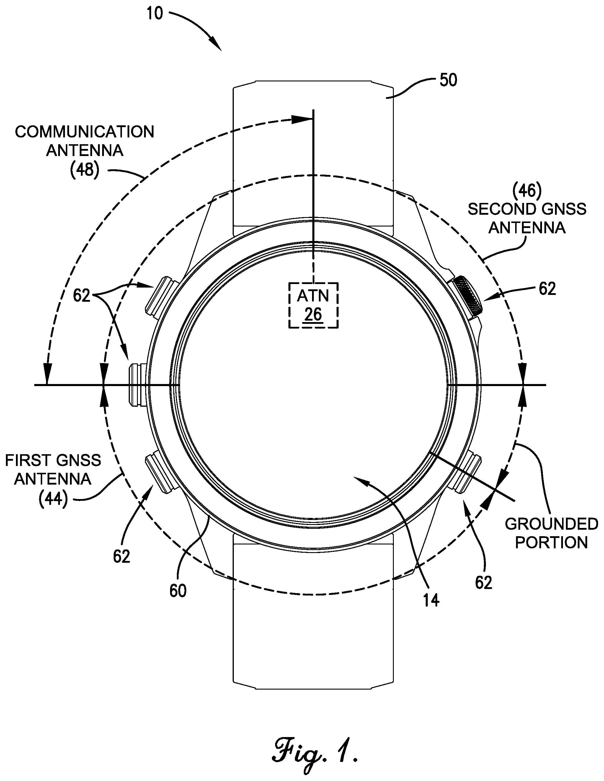 Patent US12422787 Figure 1 – Conductive watch housing with slot antenna configuration