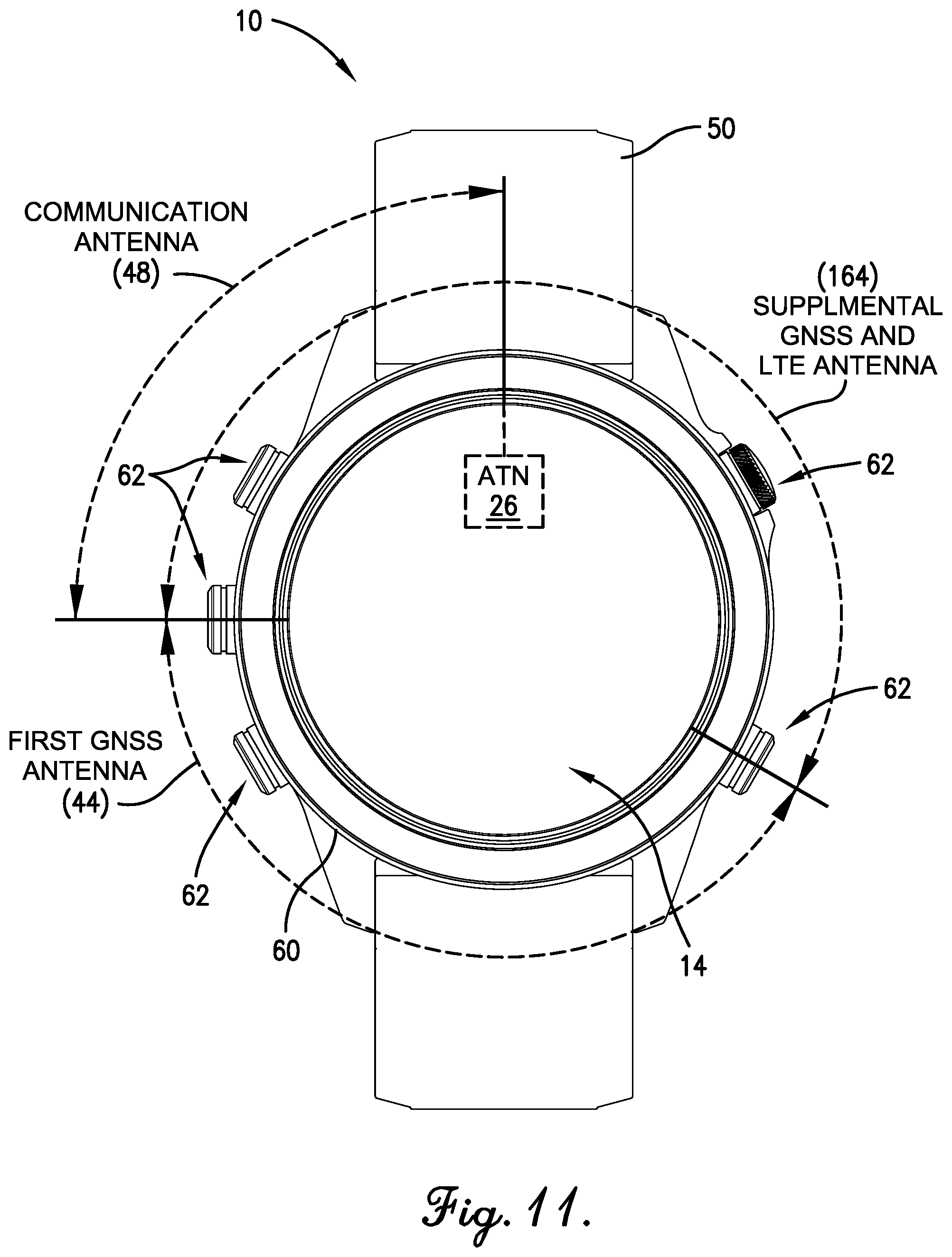 Patent US12422787 Figure 11 – Conductive watch housing with slot antenna configuration