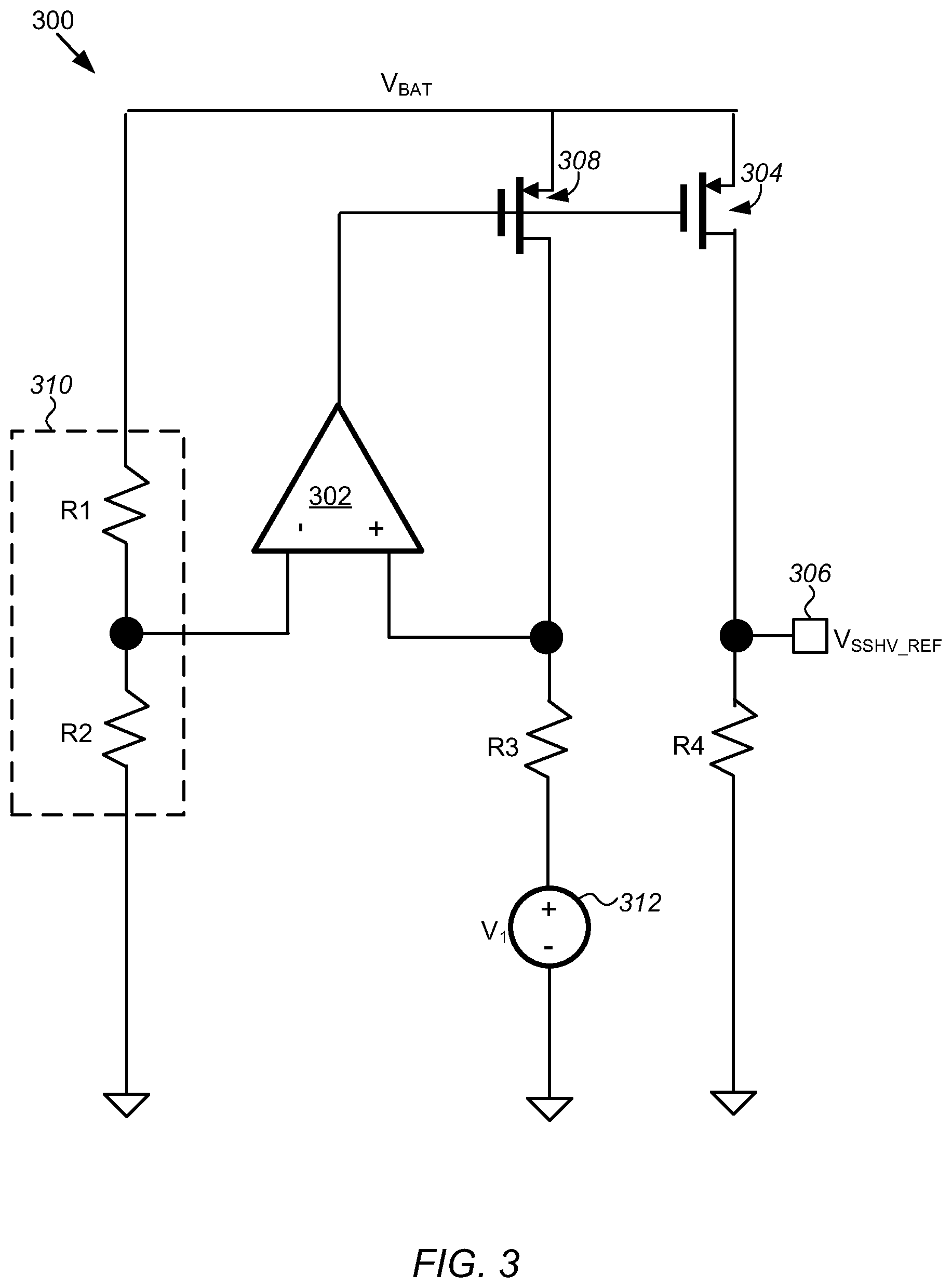 Patent US12422871 Figure 3 – Low-power floating-rail reference generator
