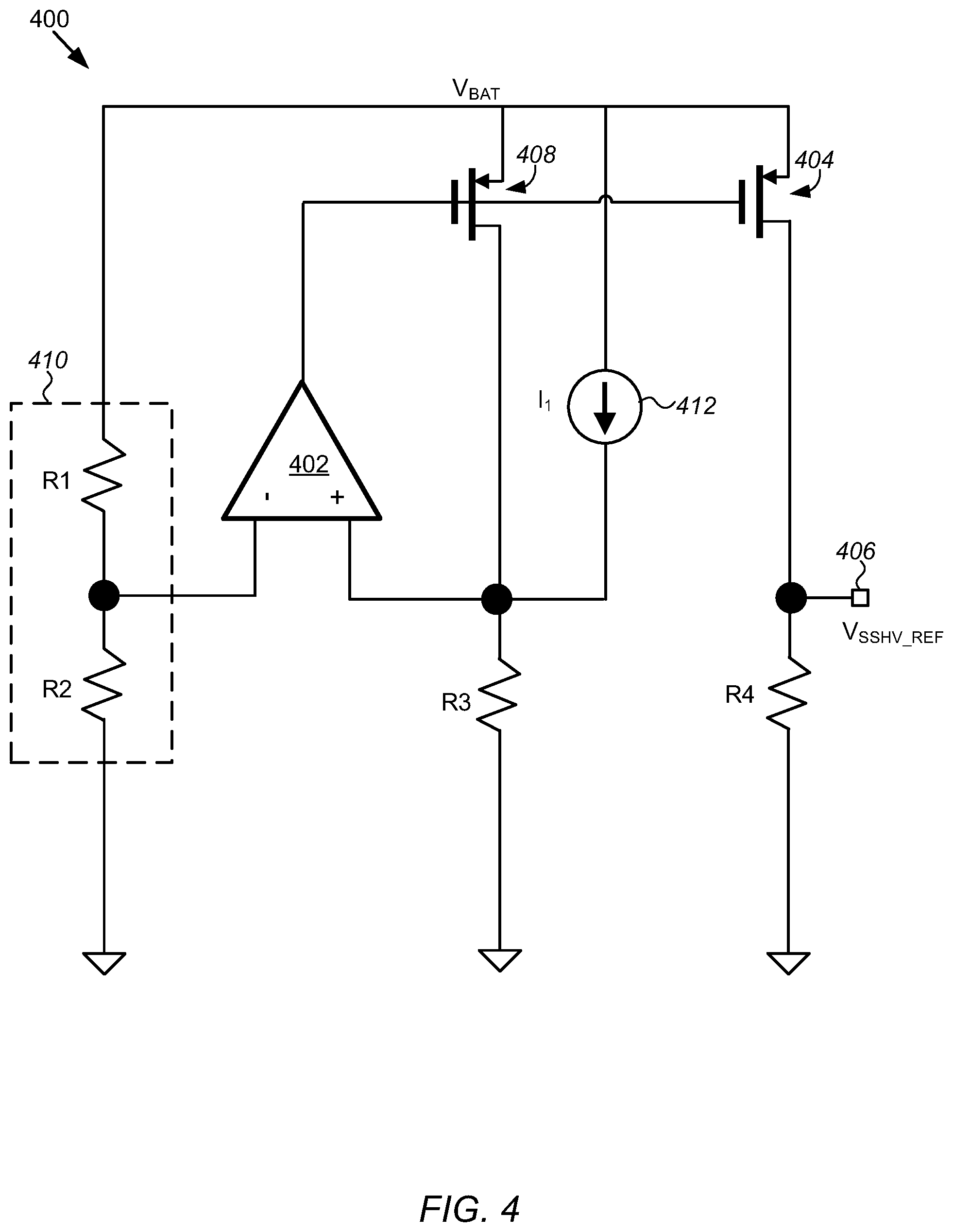 Patent US12422871 Figure 4 – Low-power floating-rail reference generator