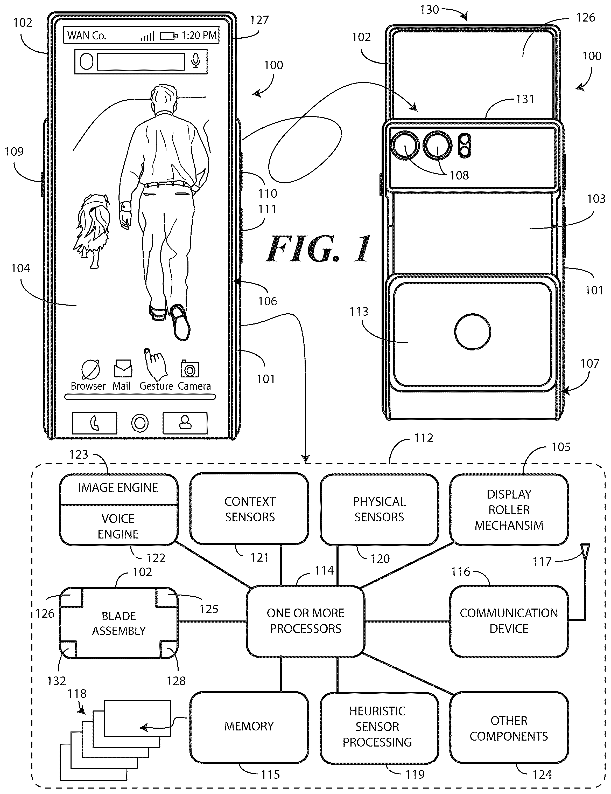 Patent US12422893 Figure 1 – Electronic devices with translating flexible display and corresponding methods
