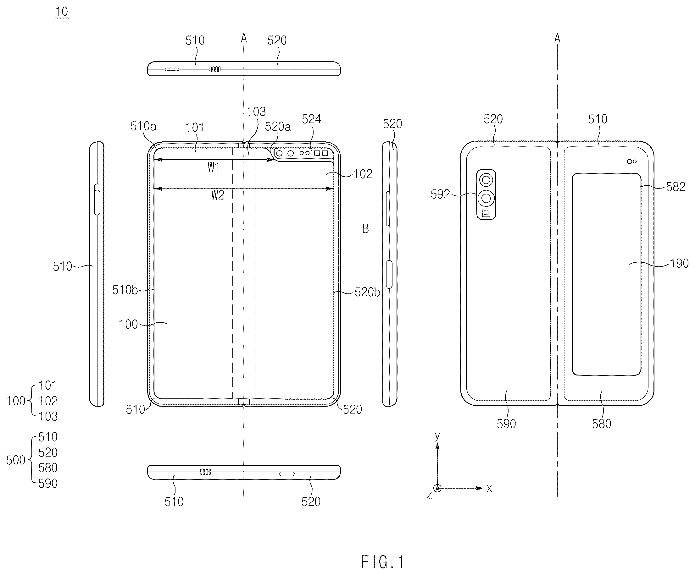 Patent US12422895 Figure 1 – Foldable electronic device comprising protection member