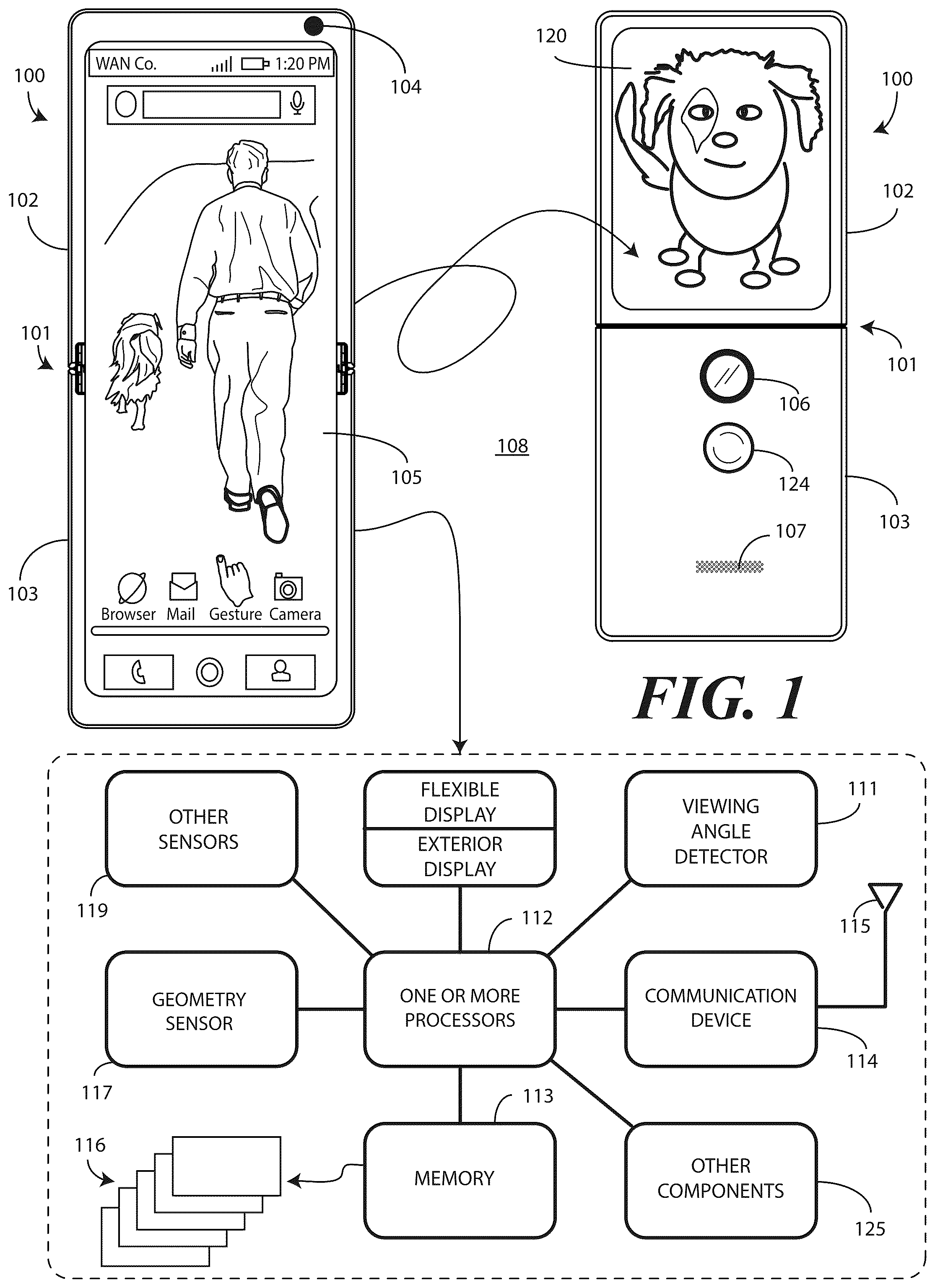 Patent US12422896 Figure 1 – Methods and electronic device enabling movement of content on a flexible display in response to user movement