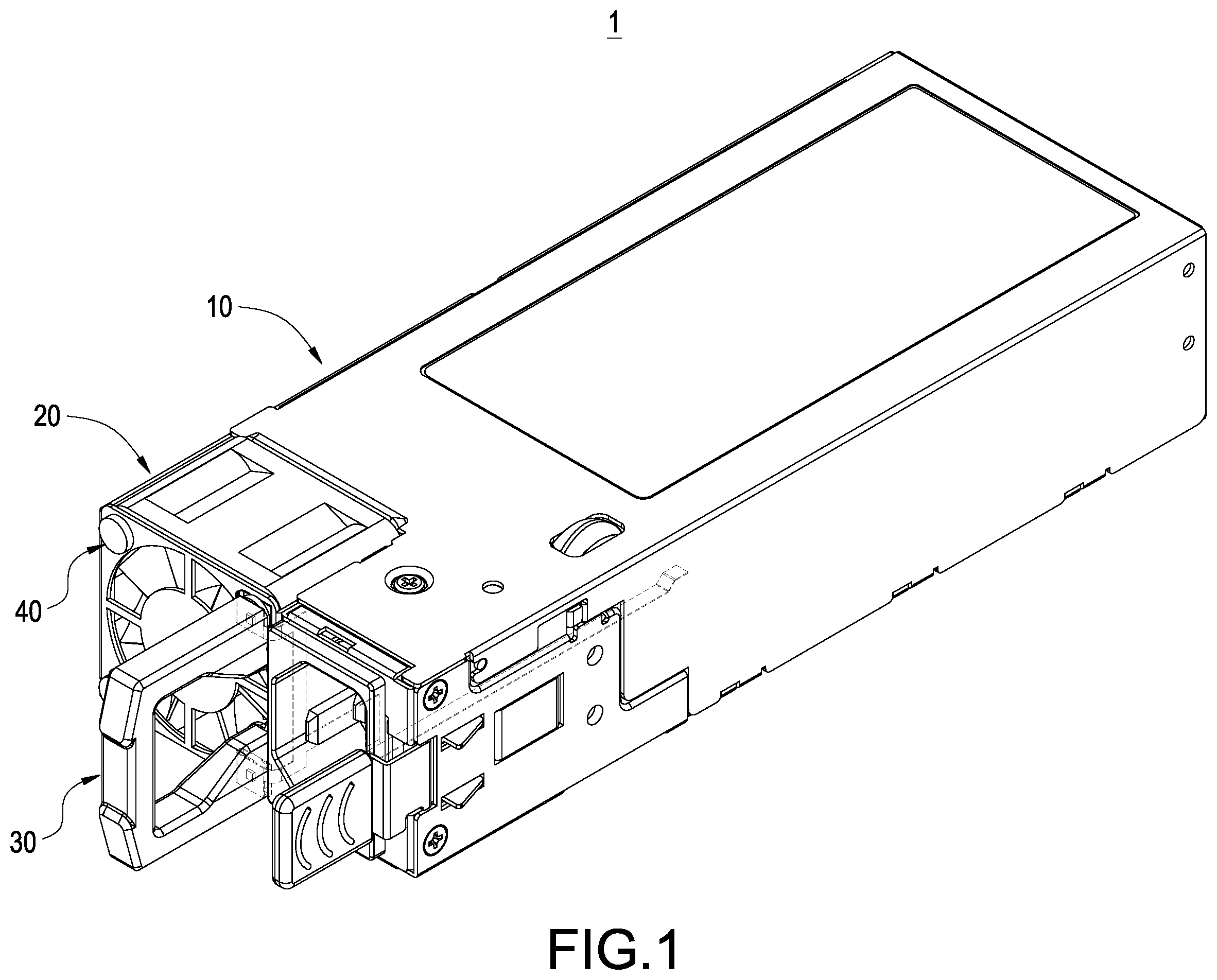 Patent US12426201 Figure 1 – Power supply device combined with vibration-resistant fan assembly having illuminated handle