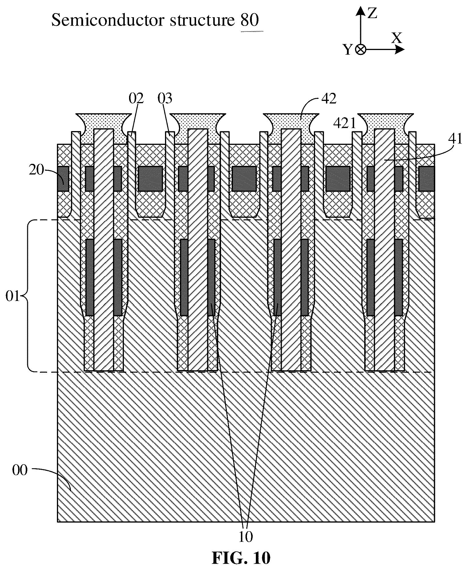 Patent US12426232 Figure 10 – Semiconductor structure with semiconductor pillars and method for manufacturing same