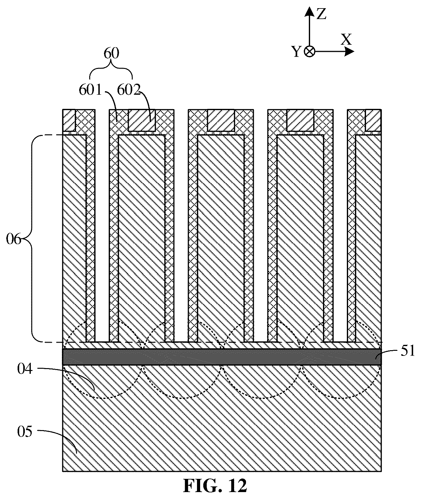 Patent US12426232 Figure 12 – Semiconductor structure with semiconductor pillars and method for manufacturing same