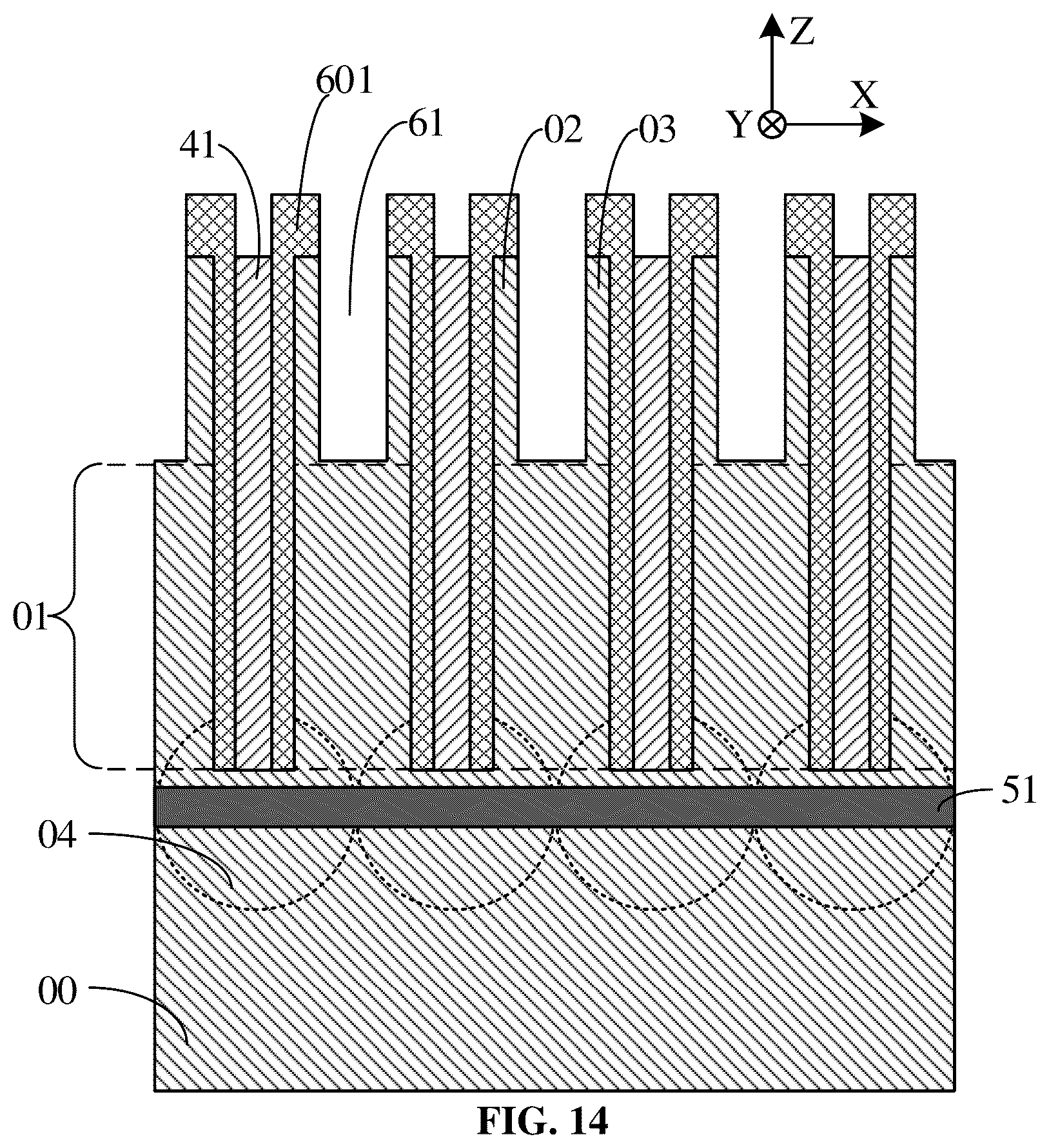 Patent US12426232 Figure 14 – Semiconductor structure with semiconductor pillars and method for manufacturing same