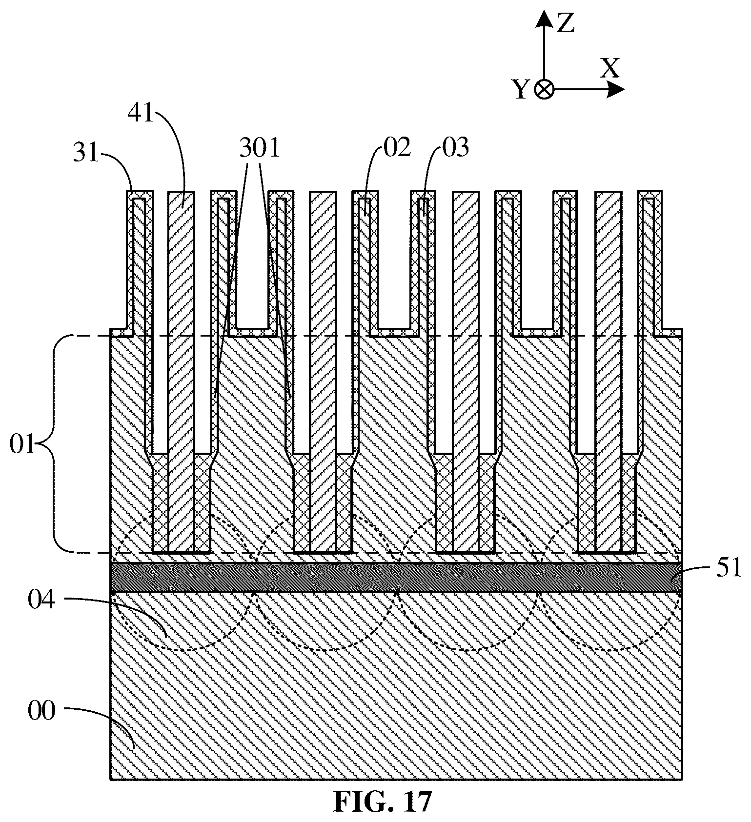 Patent US12426232 Figure 17 – Semiconductor structure with semiconductor pillars and method for manufacturing same