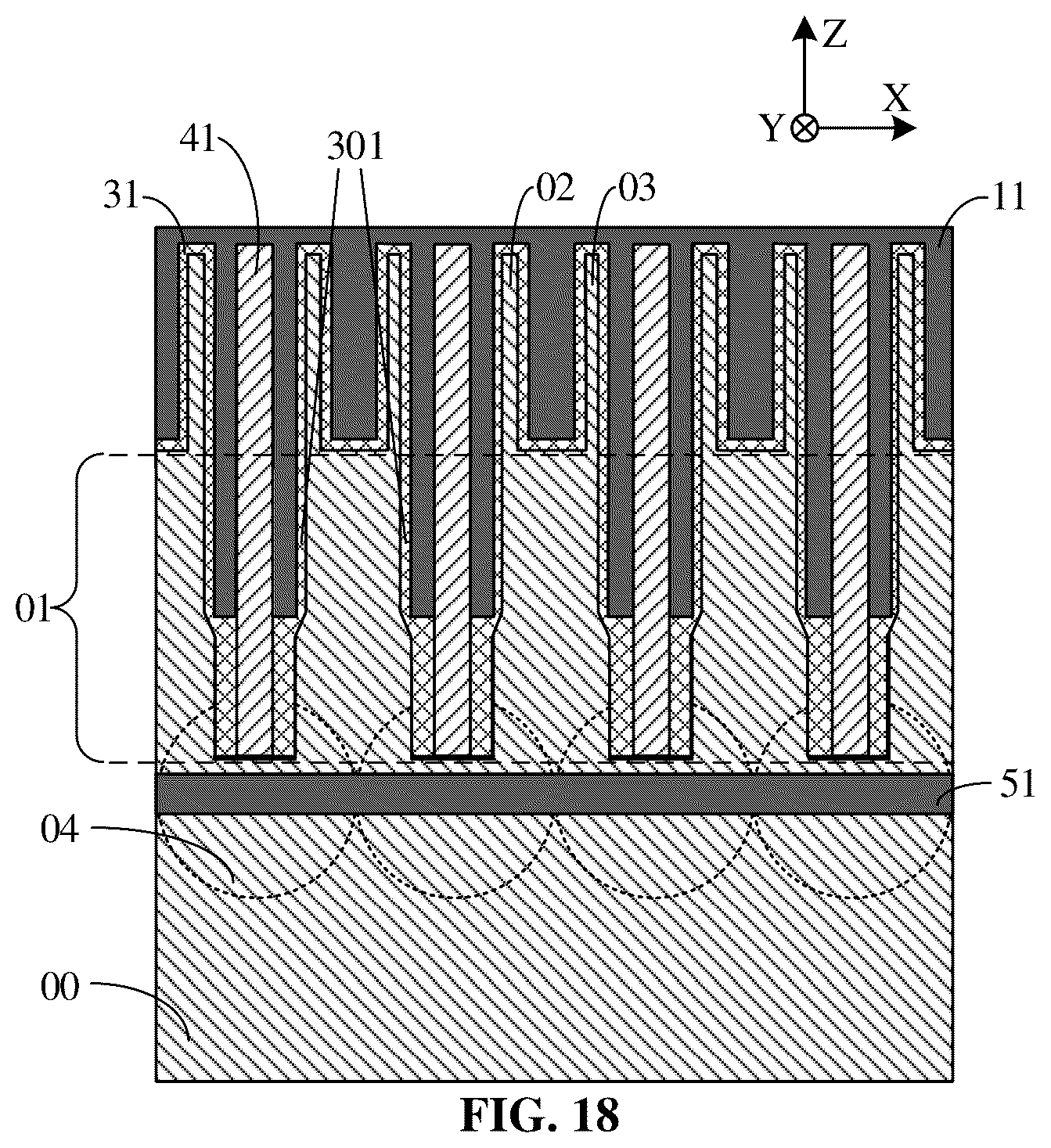 Patent US12426232 Figure 18 – Semiconductor structure with semiconductor pillars and method for manufacturing same