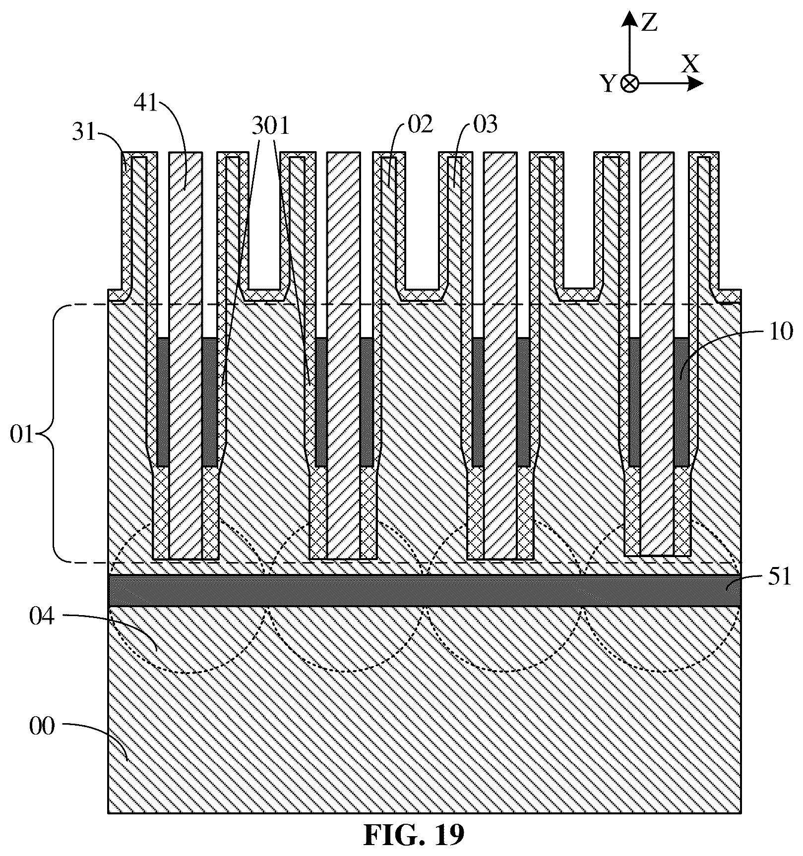 Patent US12426232 Figure 19 – Semiconductor structure with semiconductor pillars and method for manufacturing same