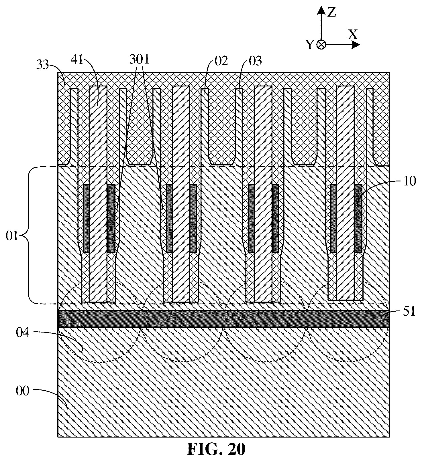 Patent US12426232 Figure 20 – Semiconductor structure with semiconductor pillars and method for manufacturing same