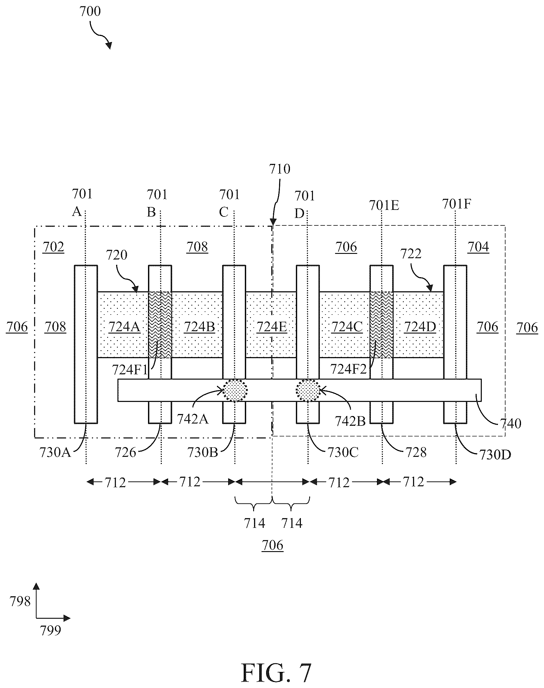 Patent US12426357 Figure 8 – Integrated circuit having fins crossing cell boundary