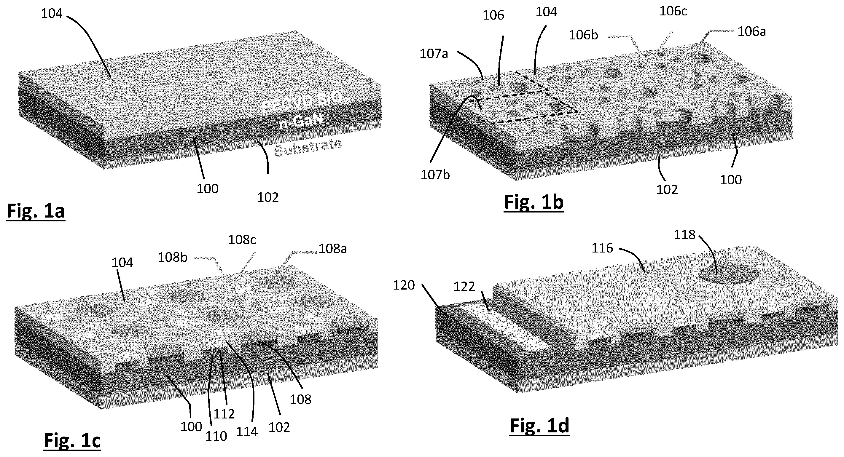 Patent US12426426 Figure 1 – Arrays of LED structures extending through holes in a dielectric layer and independently activated
