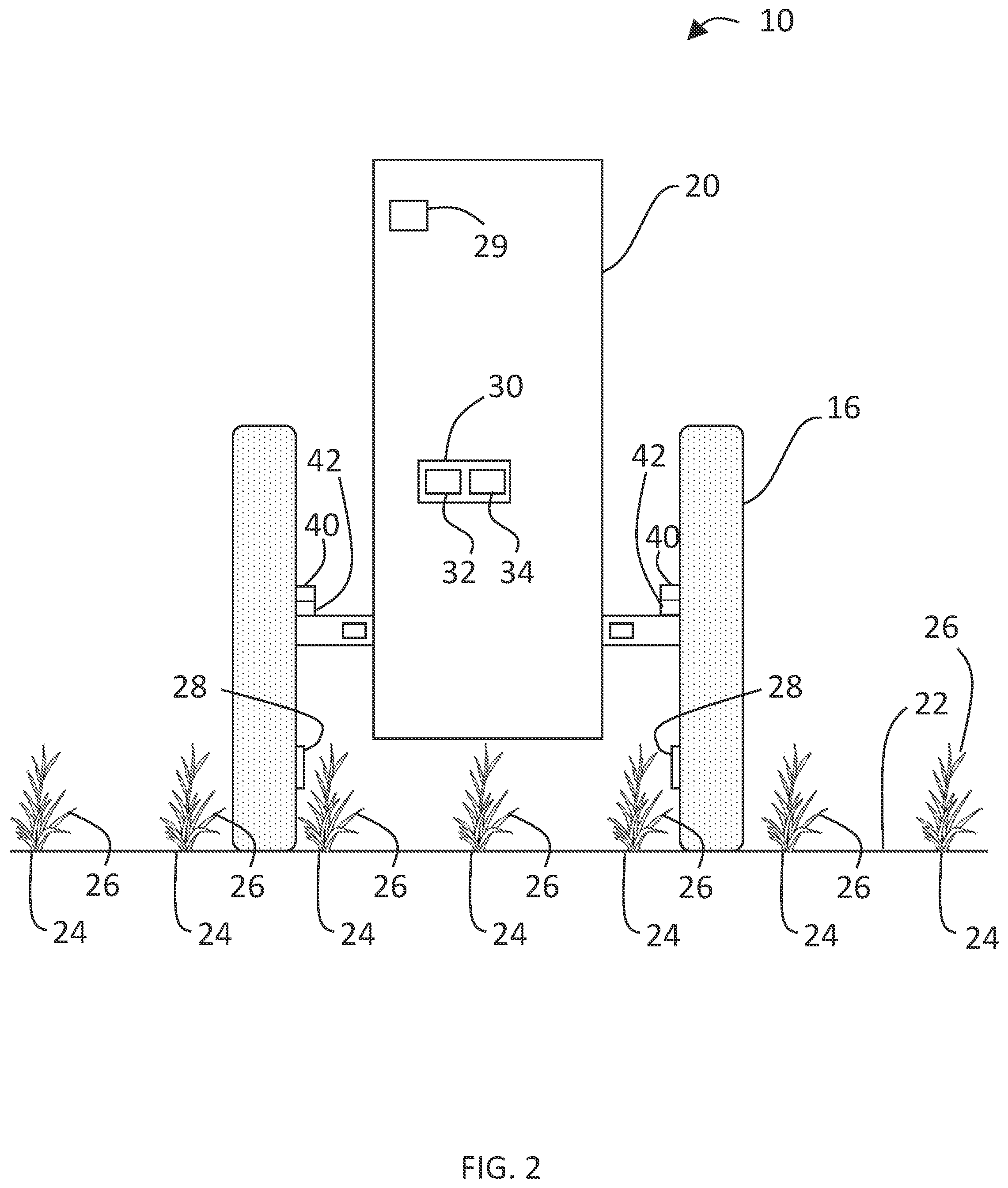 Patent US12426527 Figure 2 – Systems and methods for controlling a tread width and tread width state of a mitigation tread width controller for an agricultural work vehicle