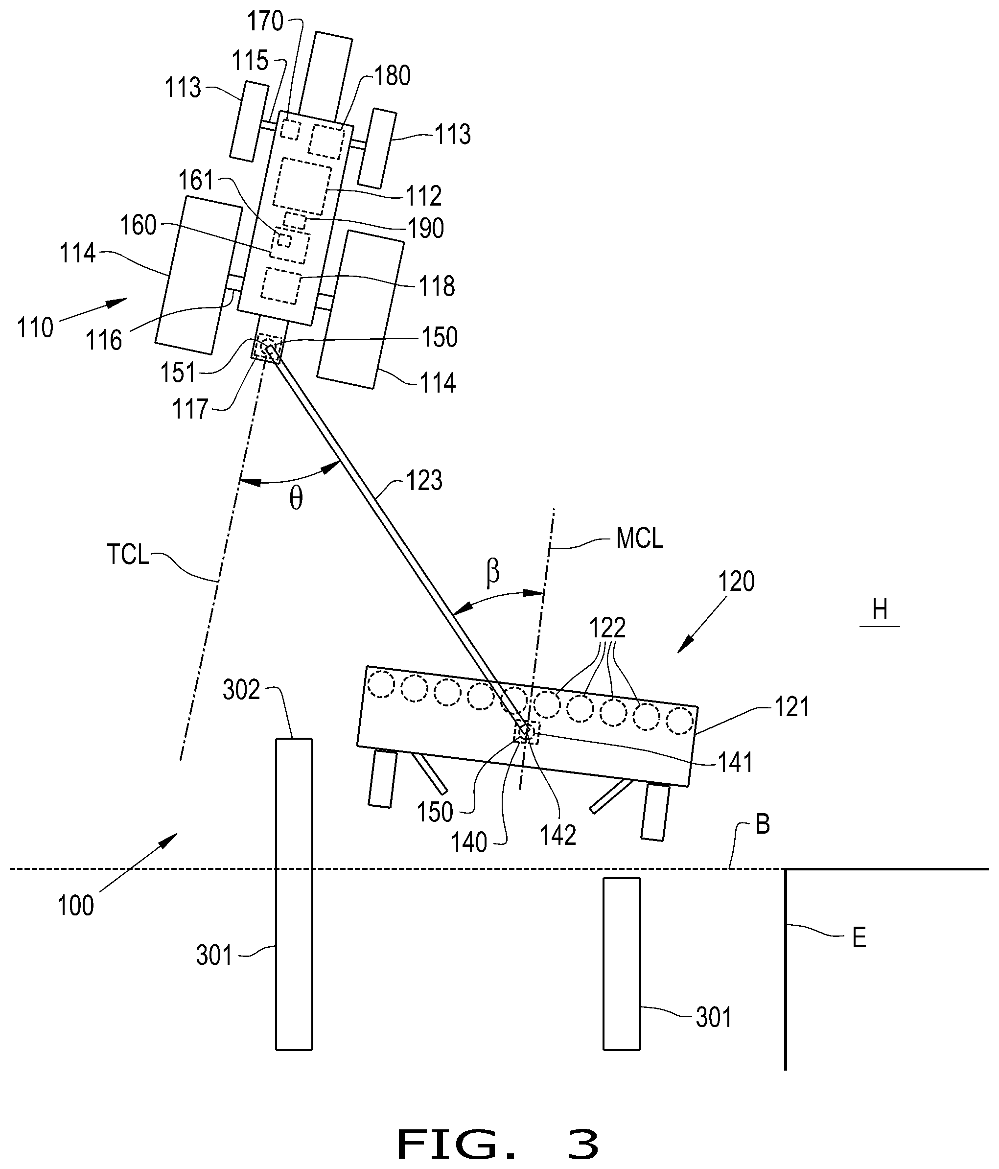 Patent US12426536 Figure 3 – Center pivot mower system with end of row mower adjustment