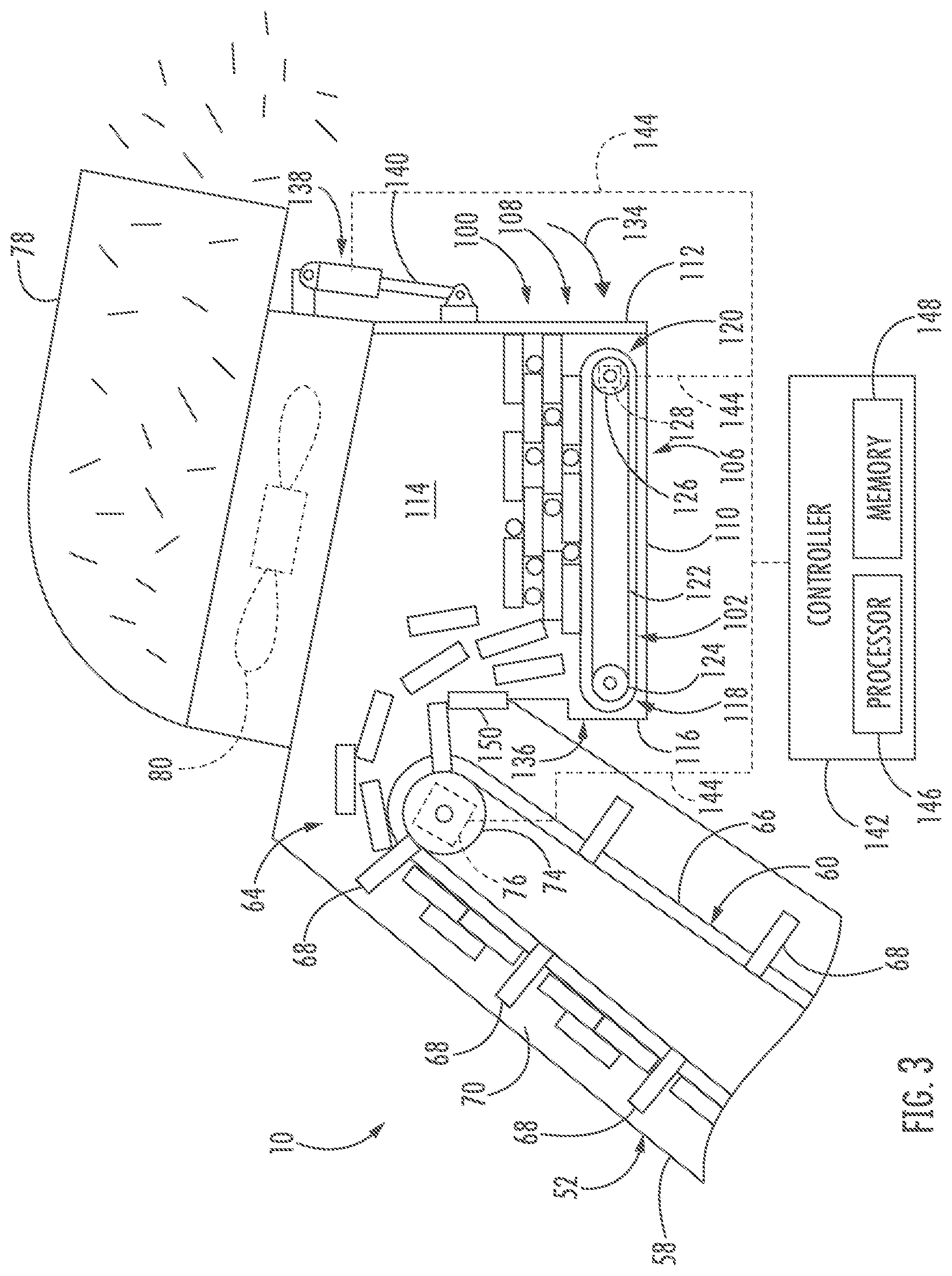 Patent US12426540 Figure 3 – Elevator assembly for an agricultural harvester with a storage hopper having a conveyor therein