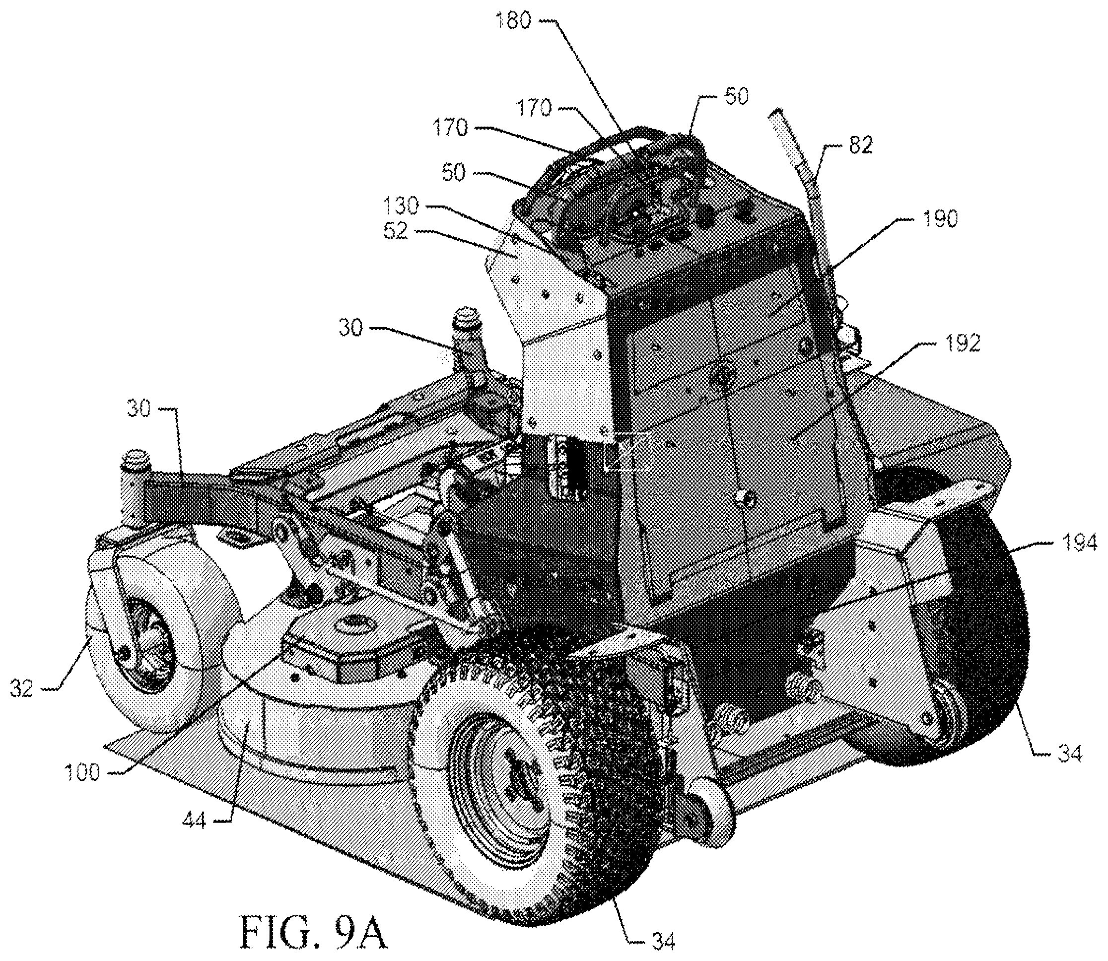 Patent US12426544 Figure 9 – Stand-on lawn care vehicle with adjustable neutral position