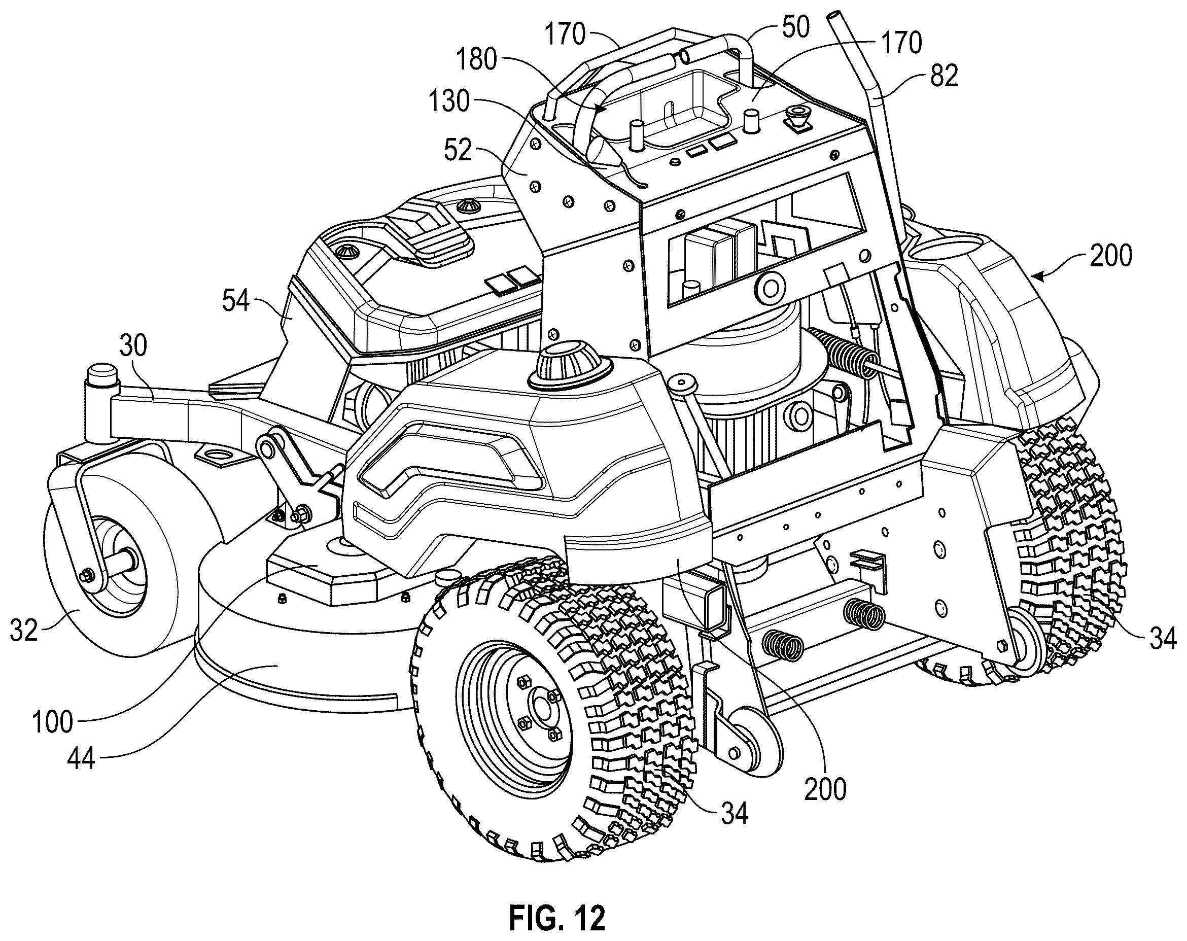 Patent US12426544 Figure 14 – Stand-on lawn care vehicle with adjustable neutral position