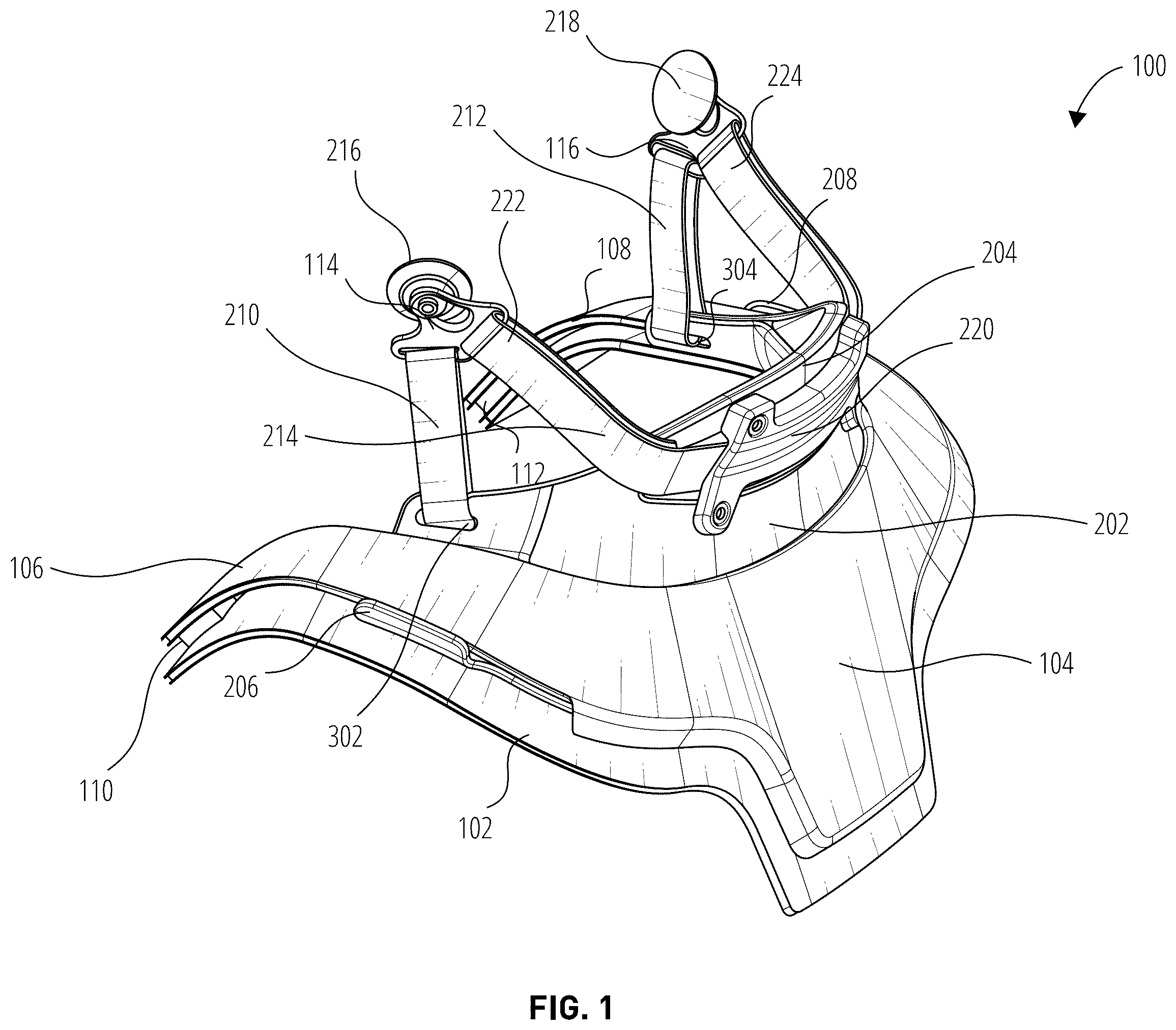Patent US12426659 Figure 1 – Head and neck restraint device for use in motorsports