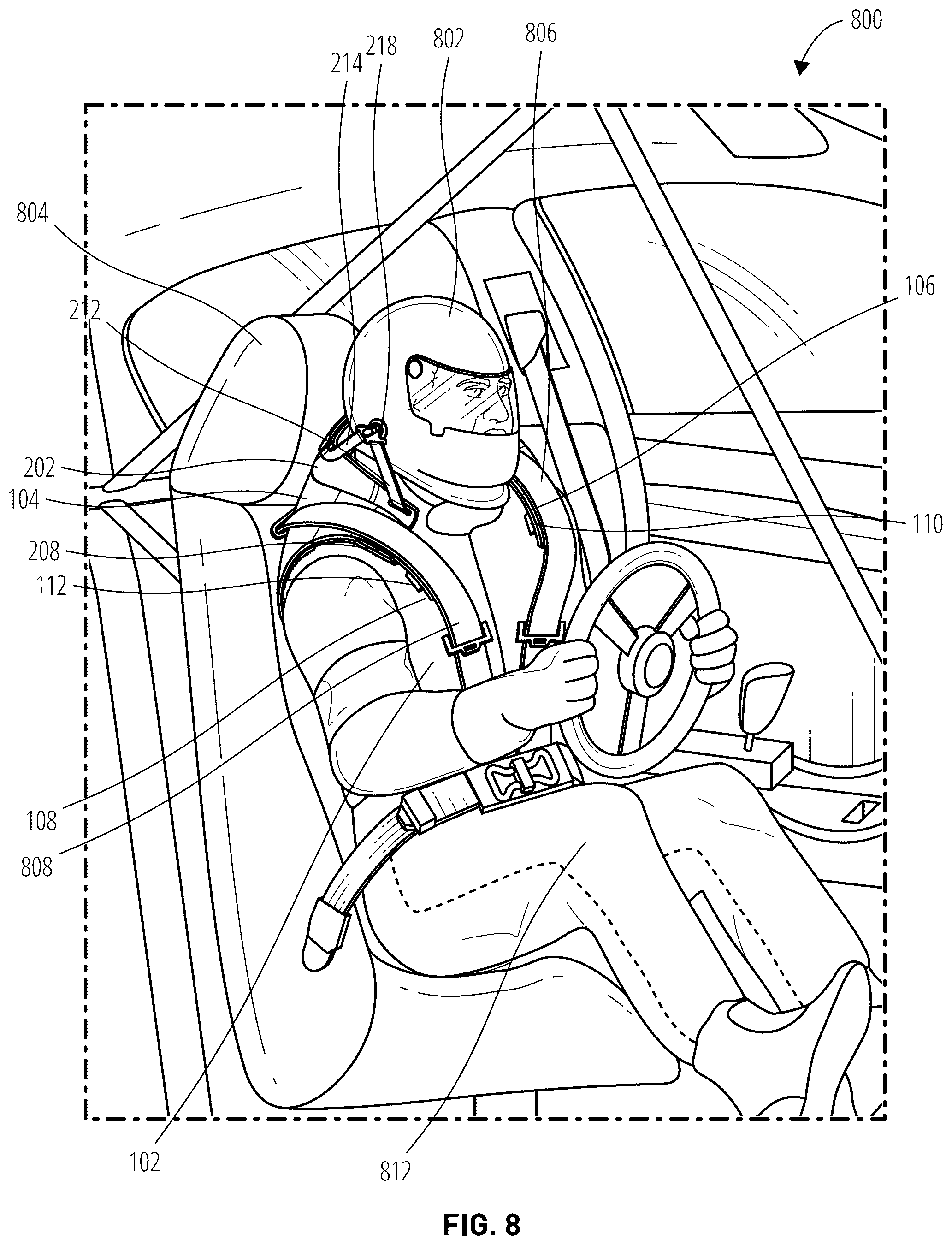 Patent US12426659 Figure 8 – Head and neck restraint device for use in motorsports