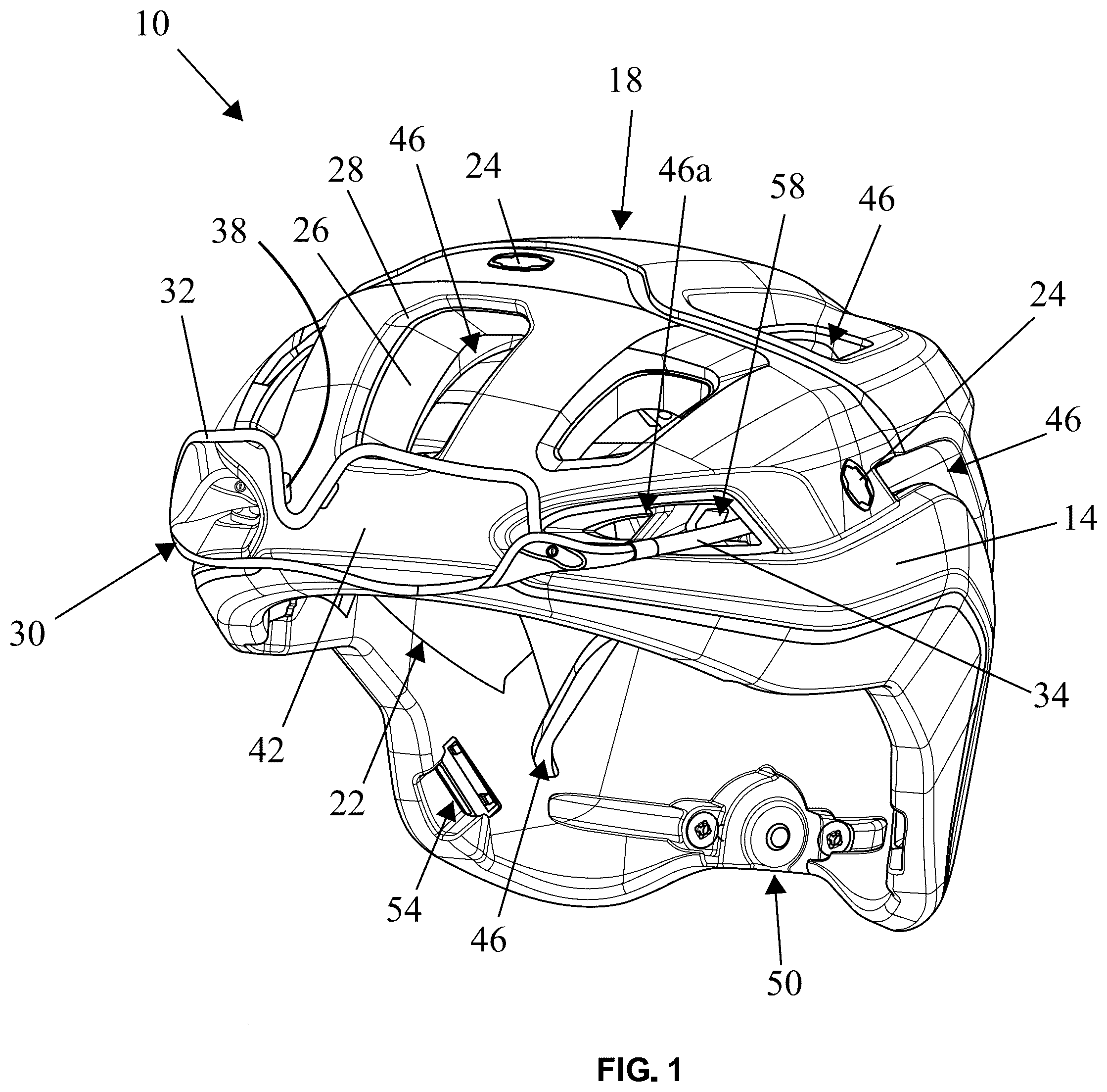 Patent US12426661 Figure 1 – Bicycle helmet with eyewear retention