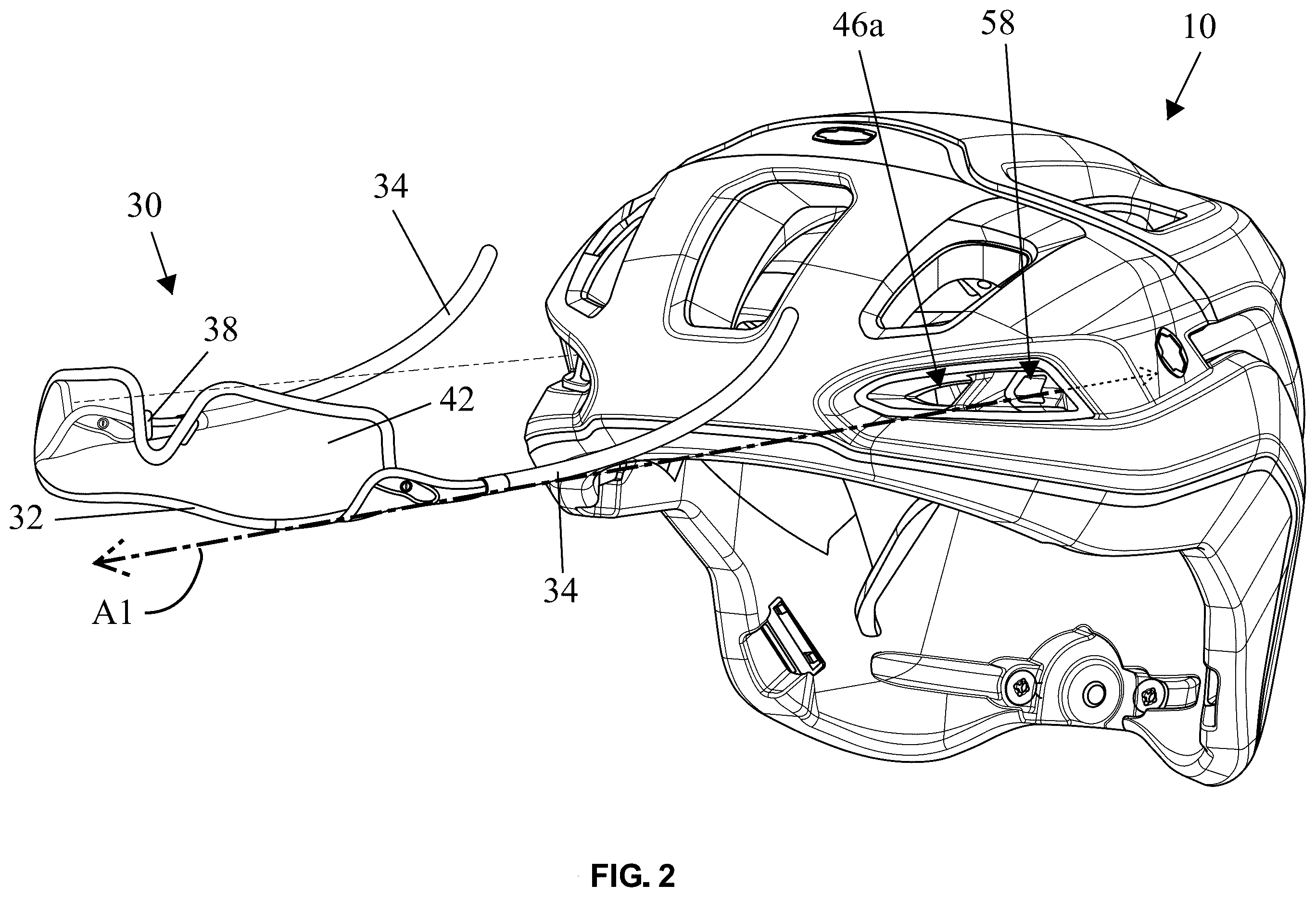 Patent US12426661 Figure 2 – Bicycle helmet with eyewear retention