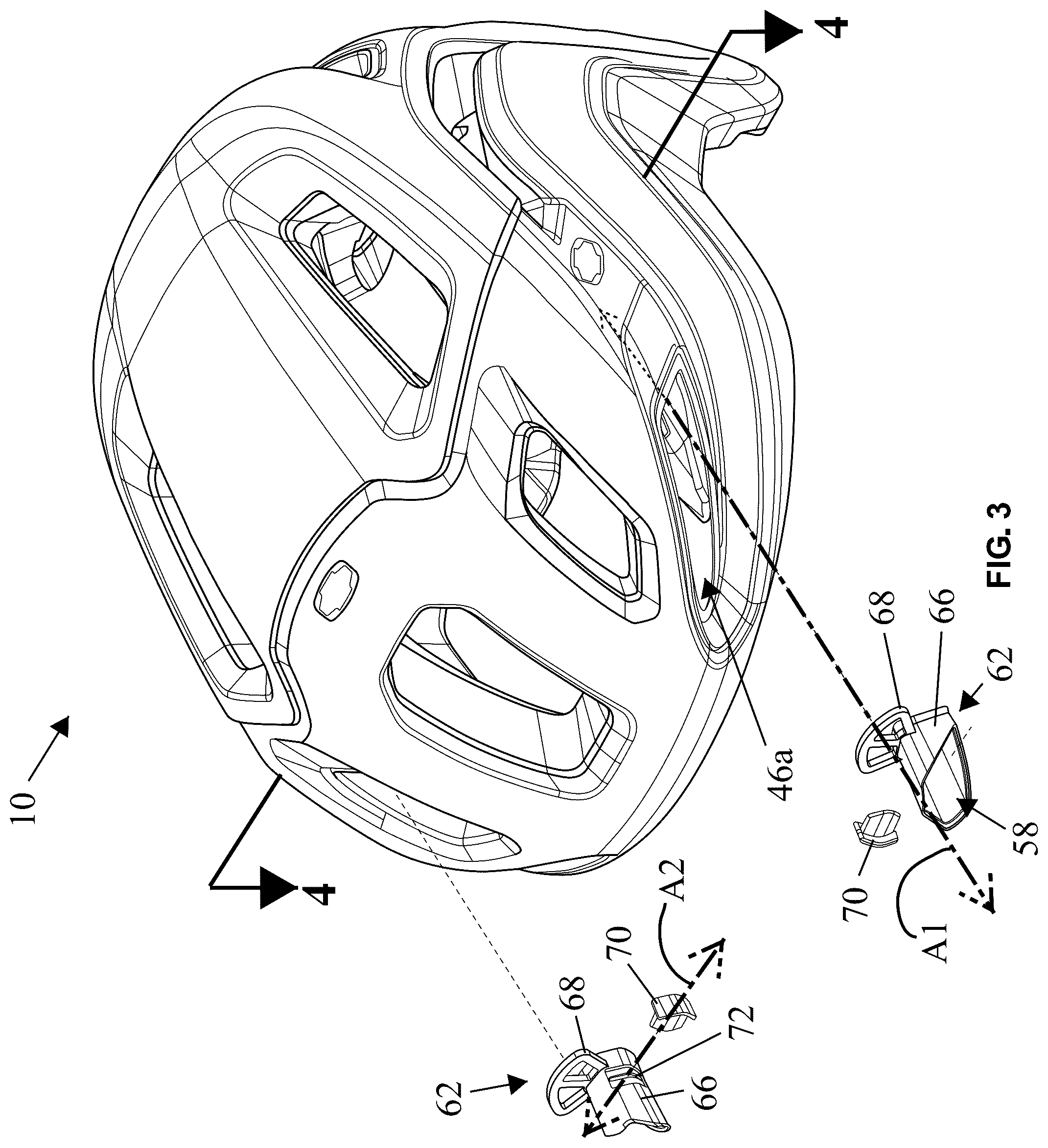 Patent US12426661 Figure 3 – Bicycle helmet with eyewear retention