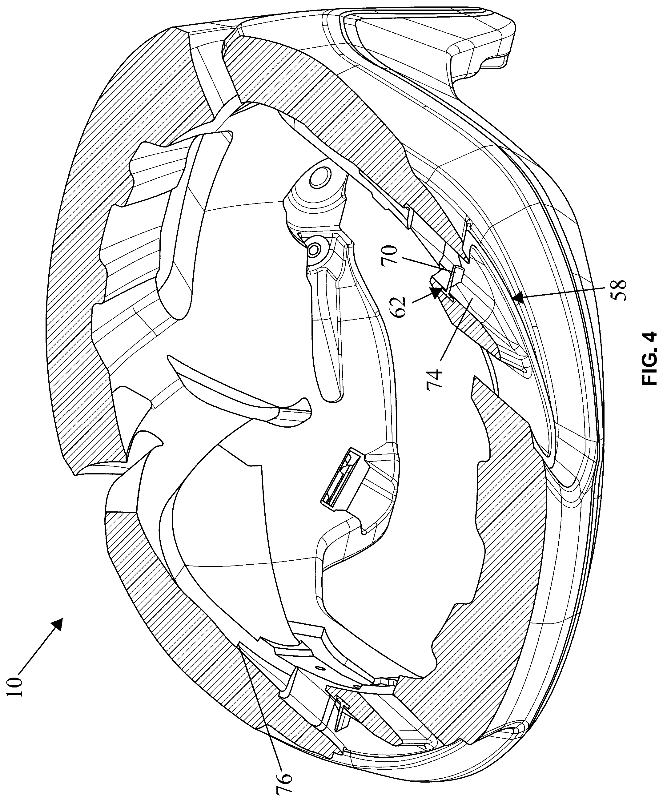Patent US12426661 Figure 4 – Bicycle helmet with eyewear retention