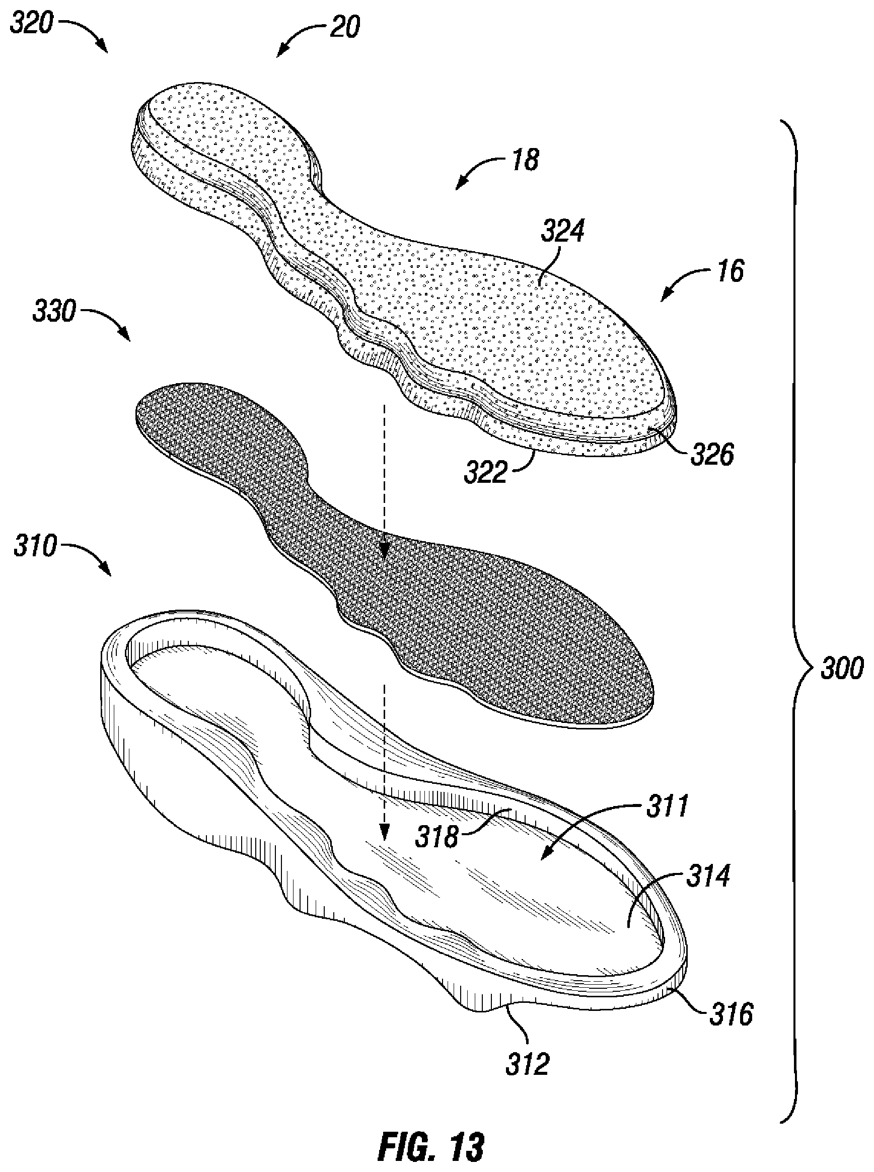 Patent US12426670 Figure 13 – Midsole structure of an article of footwear including mesh