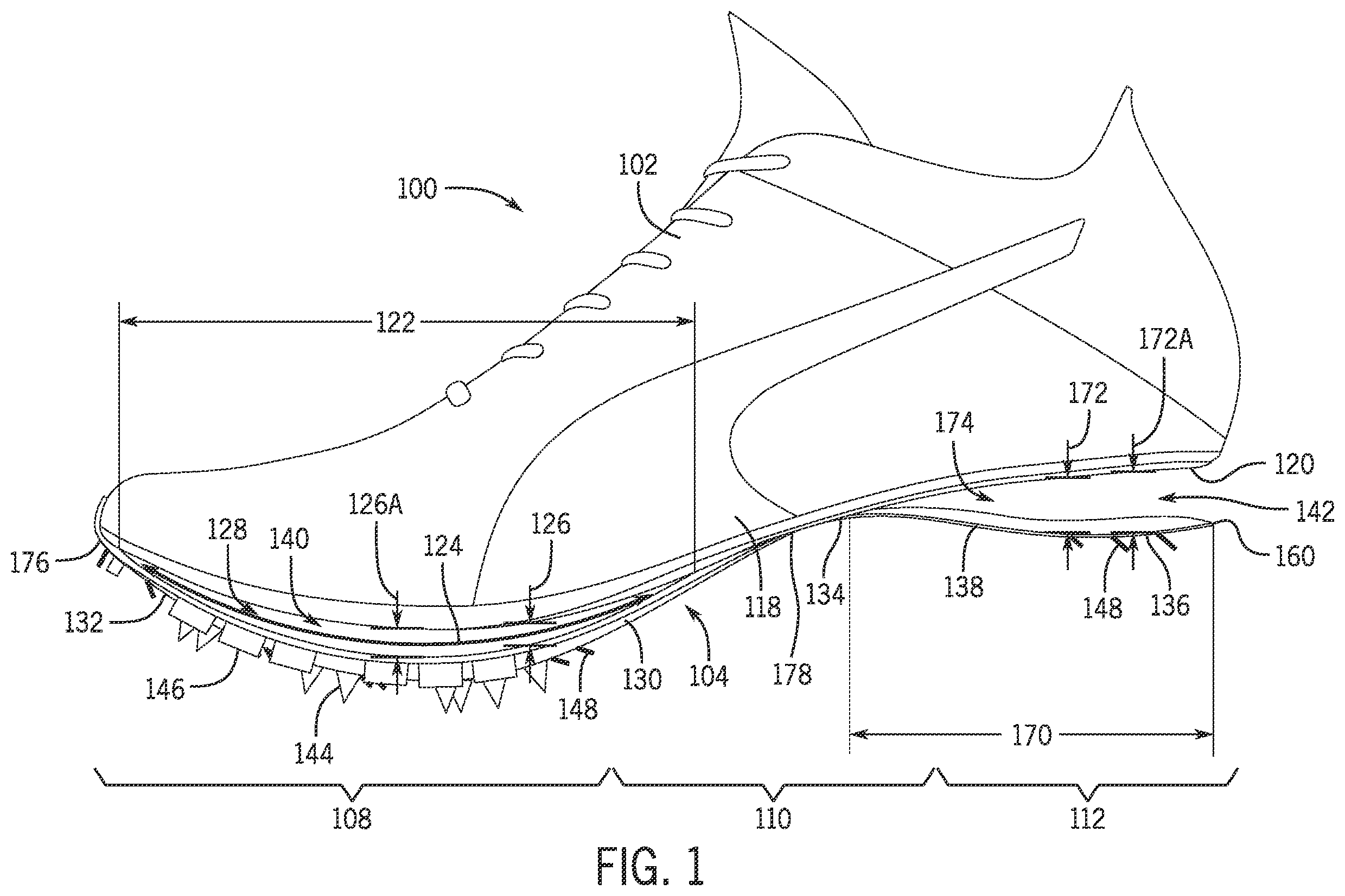 Patent US12426676 Figure 1 – Article of footwear having a sole plate