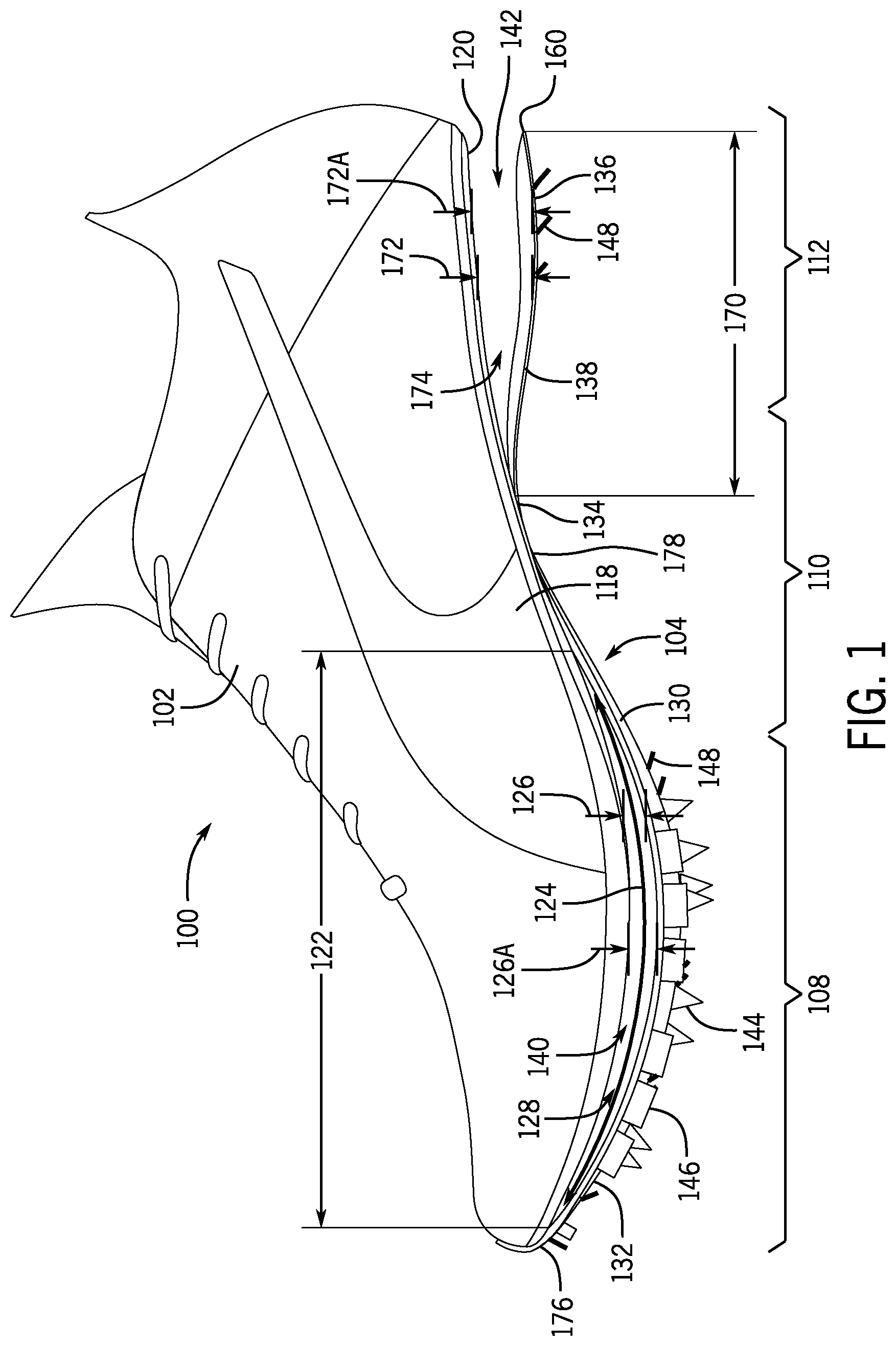 Patent US12426678 Figure 1 – Article of footwear having a sole plate