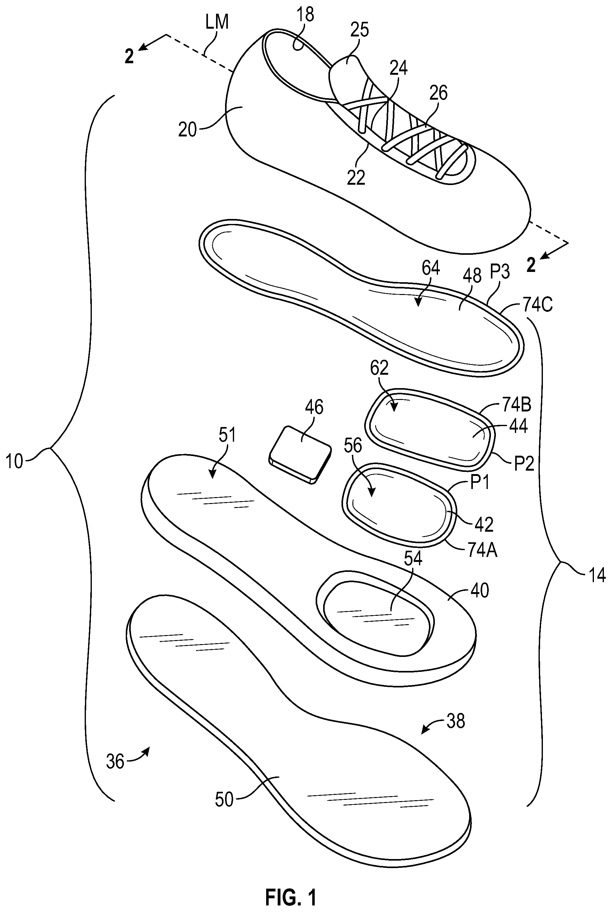 Patent US12426679 Figure 1 – Article of footwear with stacked forefoot bladders