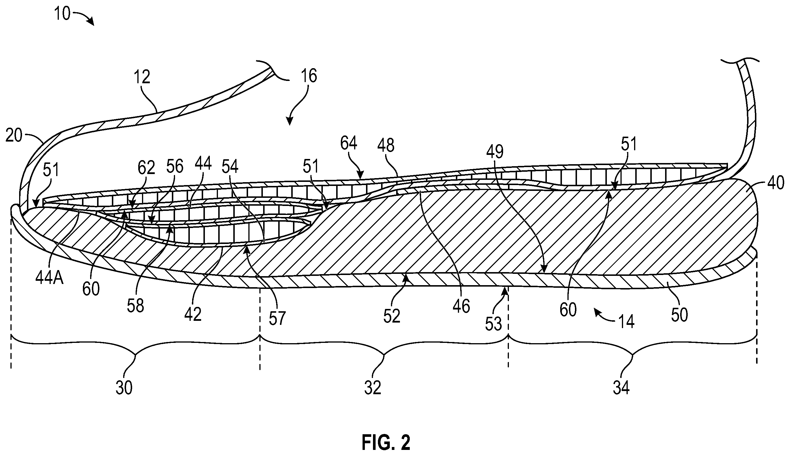 Patent US12426679 Figure 2 – Article of footwear with stacked forefoot bladders
