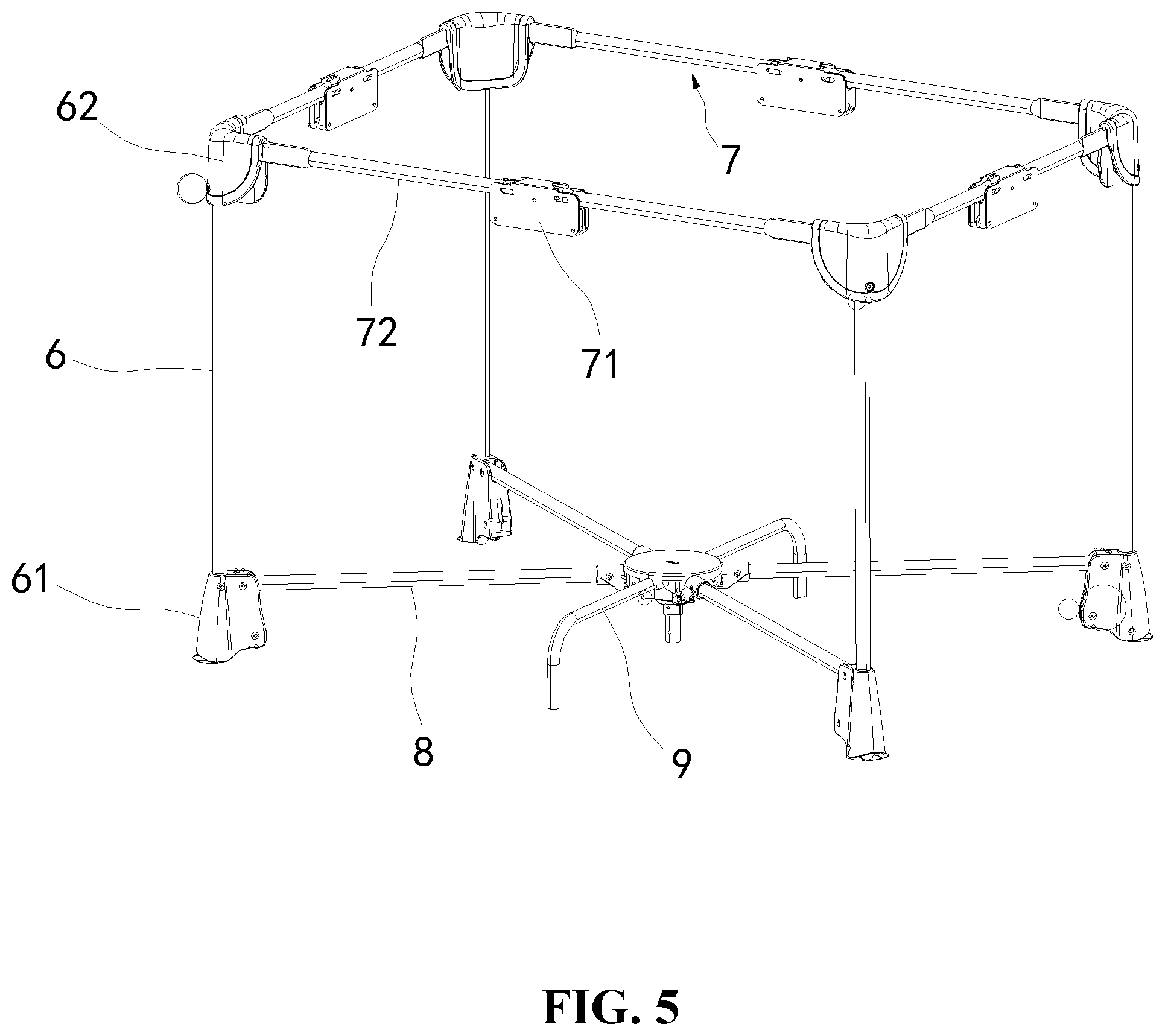 Patent US12426721 Figure 5 – Turnover mechanism, crib frame, and foldable crib
