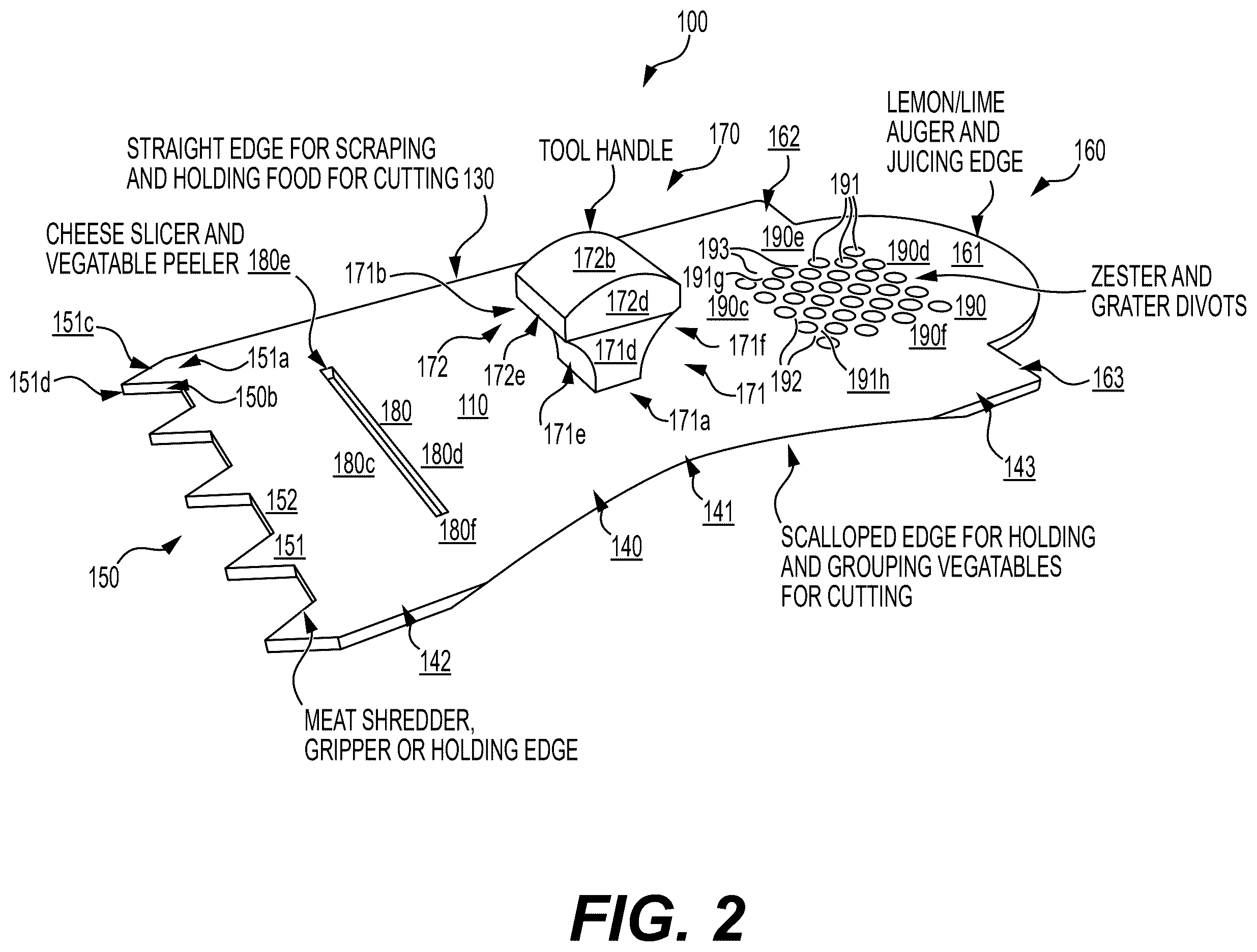 Patent US12426742 Figure 2 – Hand-held multi-purpose kitchen tool