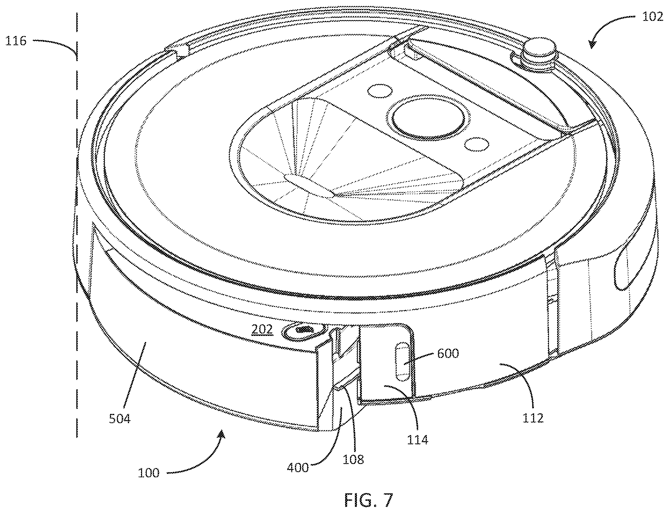 Patent US12426753 Figure 7 – Washable bin for a robot vacuum cleaner