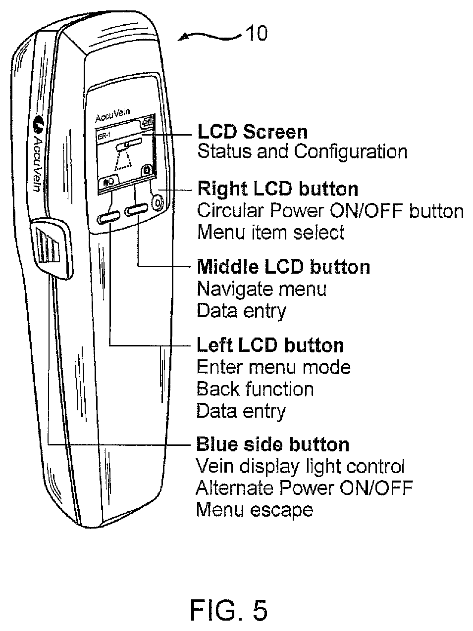 Patent US12426835 Figure 5 – Vein scanner with housing configured for single-handed lifting and use
