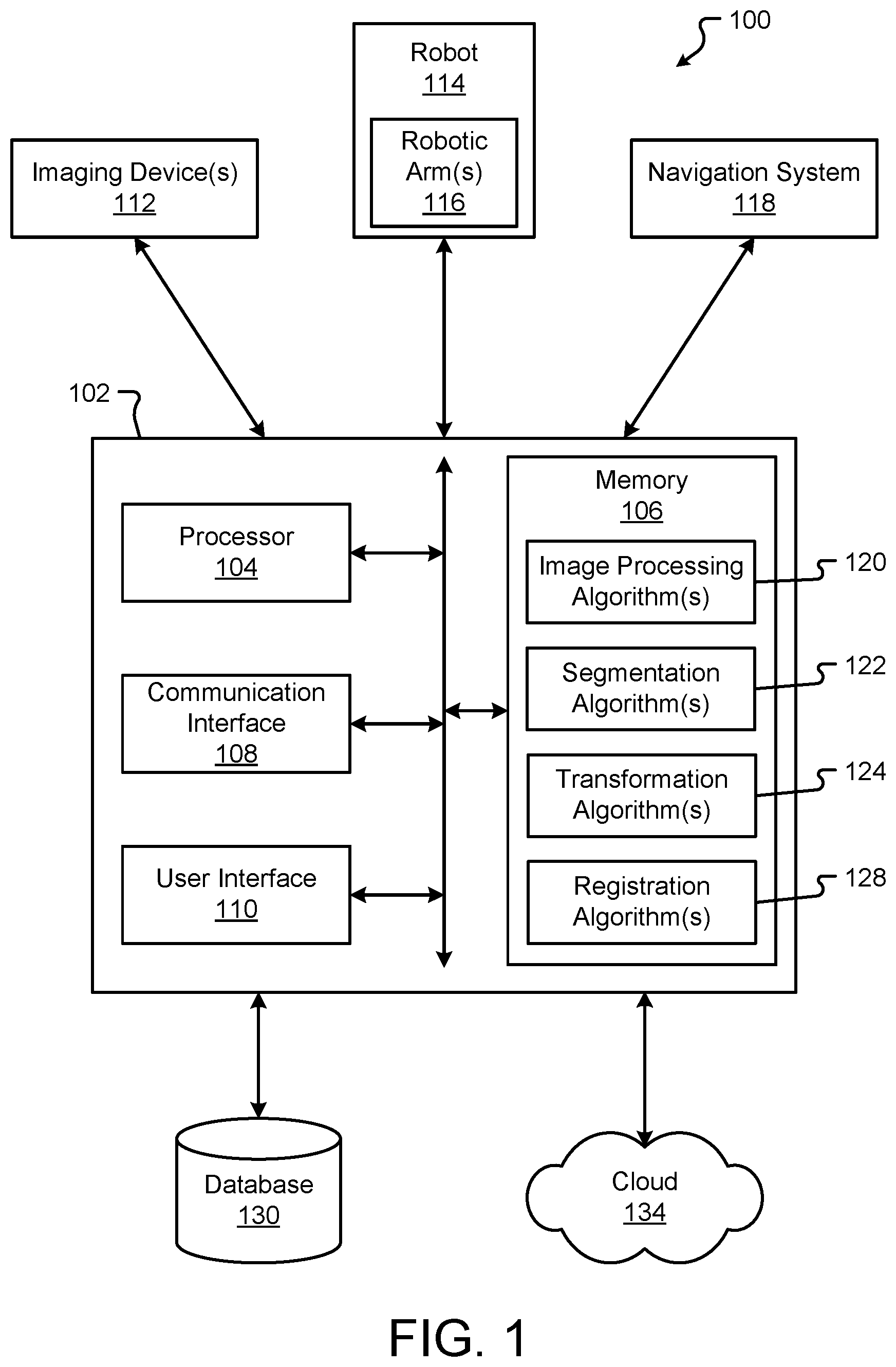 Patent US12426962 Figure 1 – Robotic surgical system with rigid bed mount