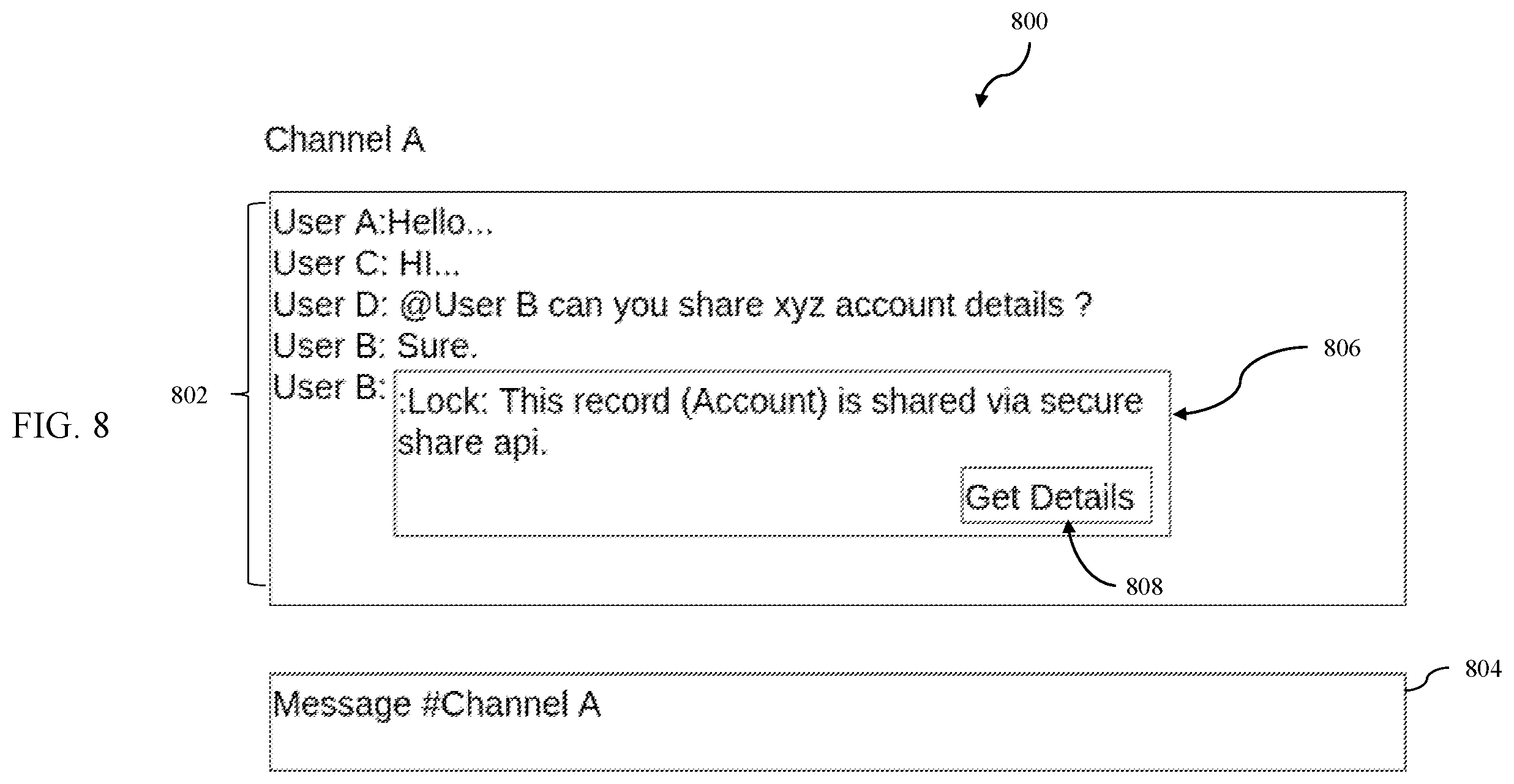 Patent US12430454 Figure 8 – Database systems and methods for securely sharing a record within a conversation