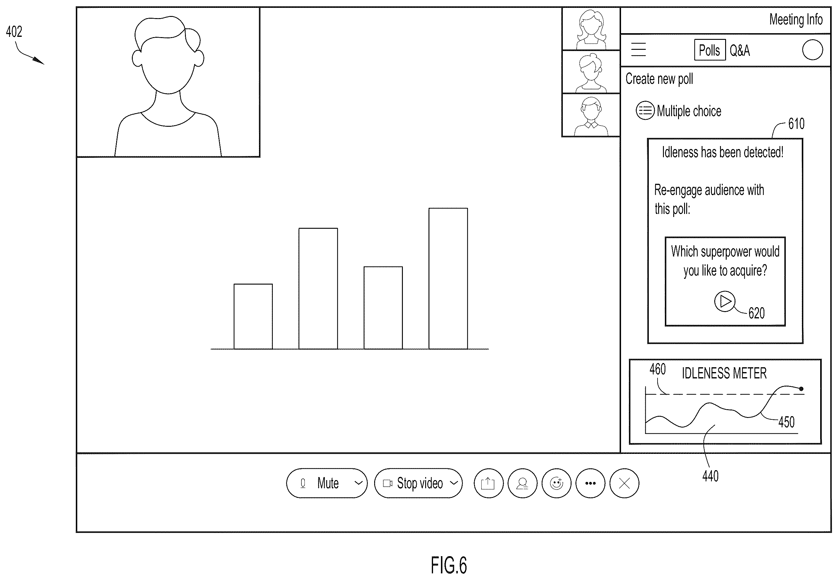 Patent US12430912 Figure 6 – Audience re-engagement during large online meetings
