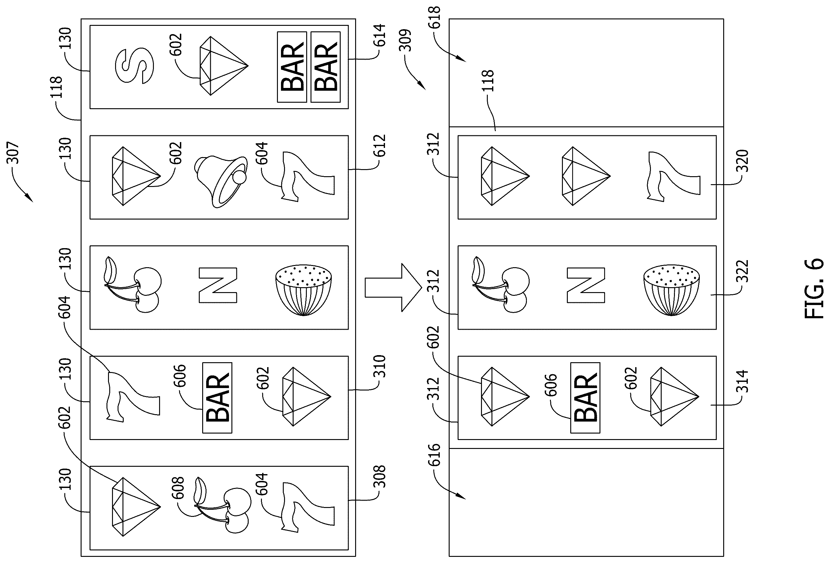 Patent US12430982 Figure 6 – Systems and method for metamorphic reel game features