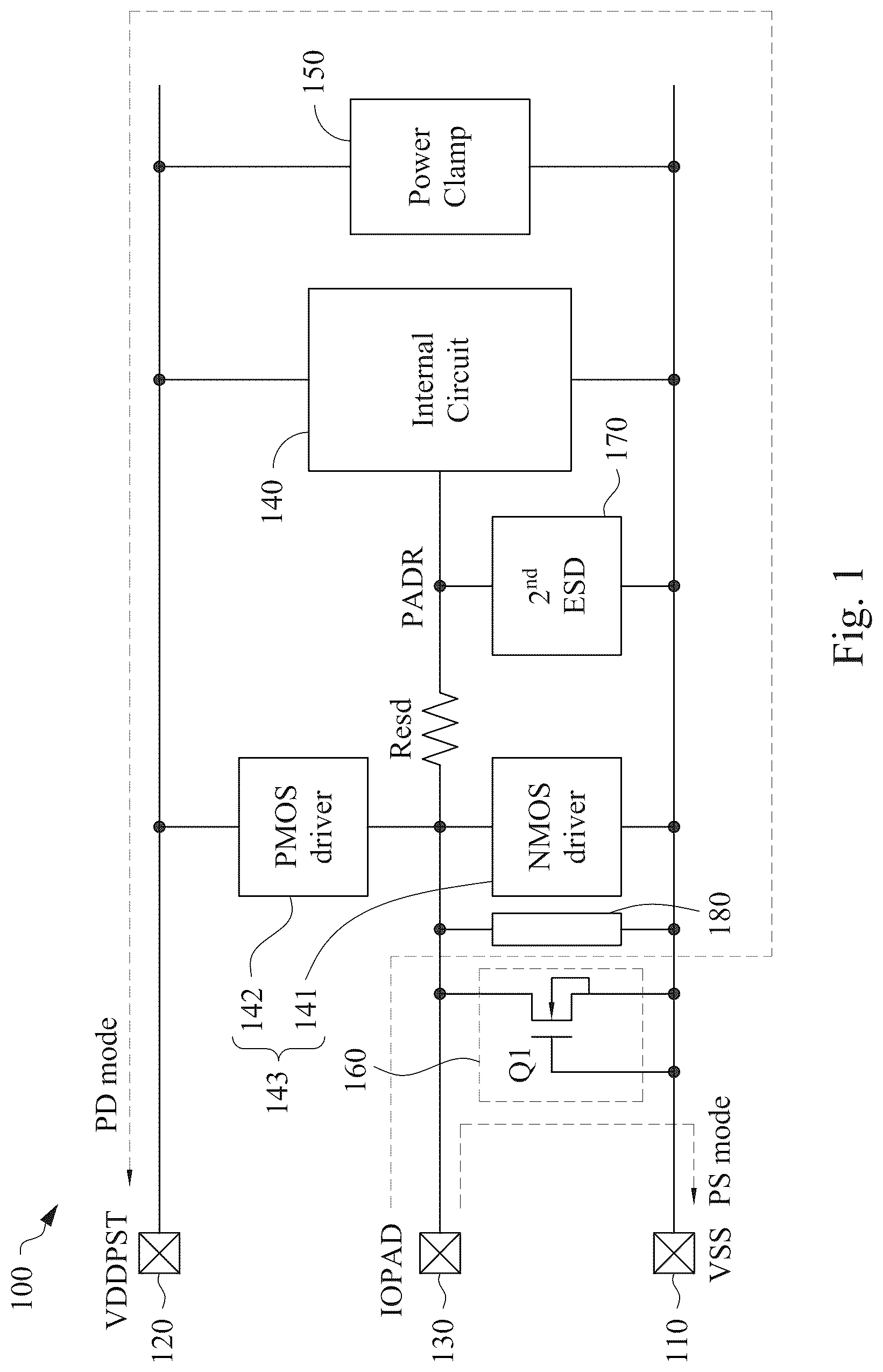 Patent US12433034 Figure 1 – Integrated circuit device and method for ESD protection