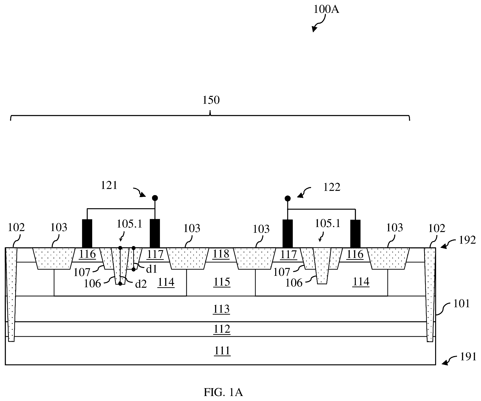 Patent US12433035 Figure 1 – Bi-directional semiconductor-controlled rectifier with dual-level isolation structures and method